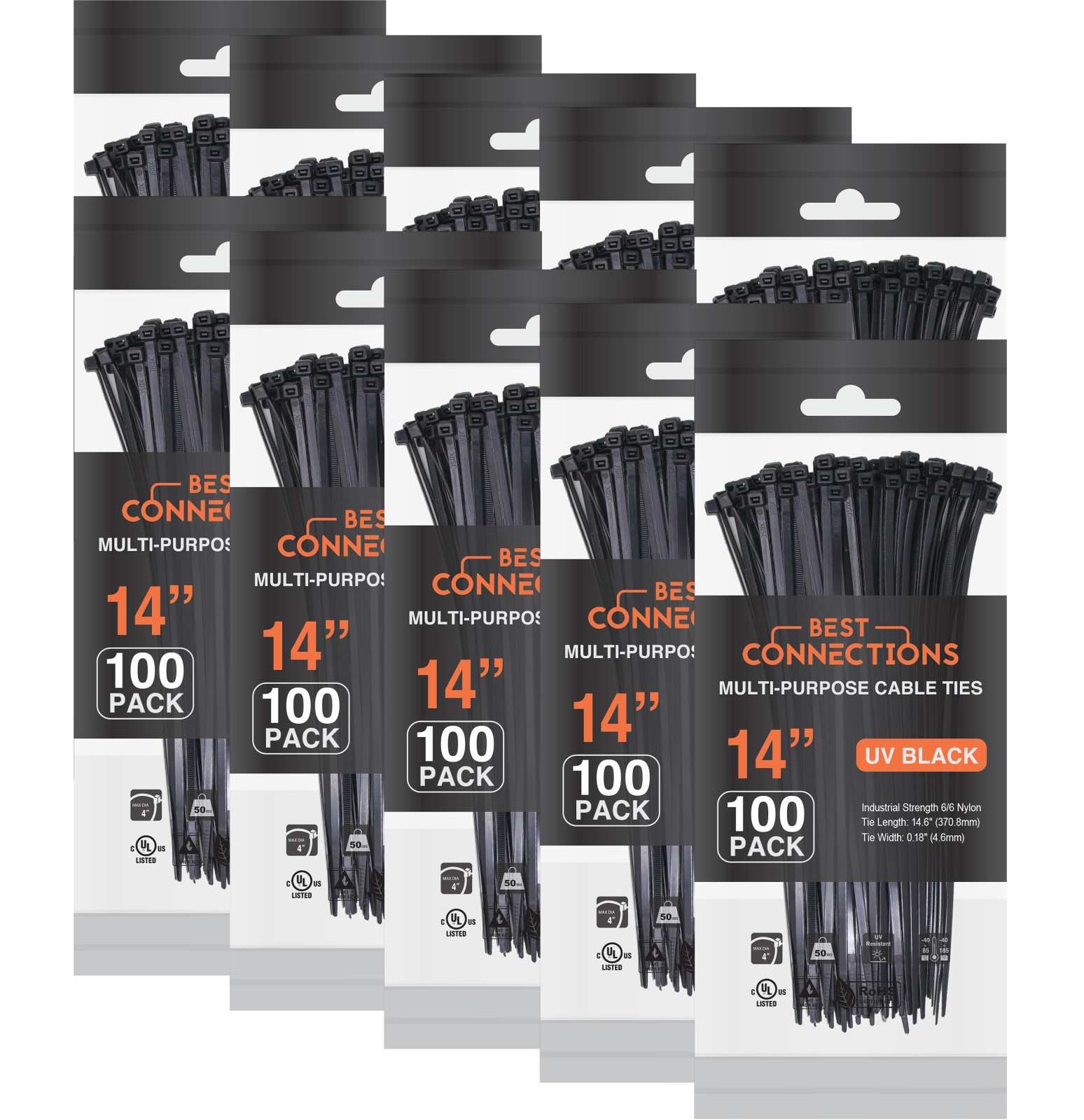 1000 Pieces 14″ Black Nylon Cable Straps Zip Ties Wire 50 Lbs Tensile Strength