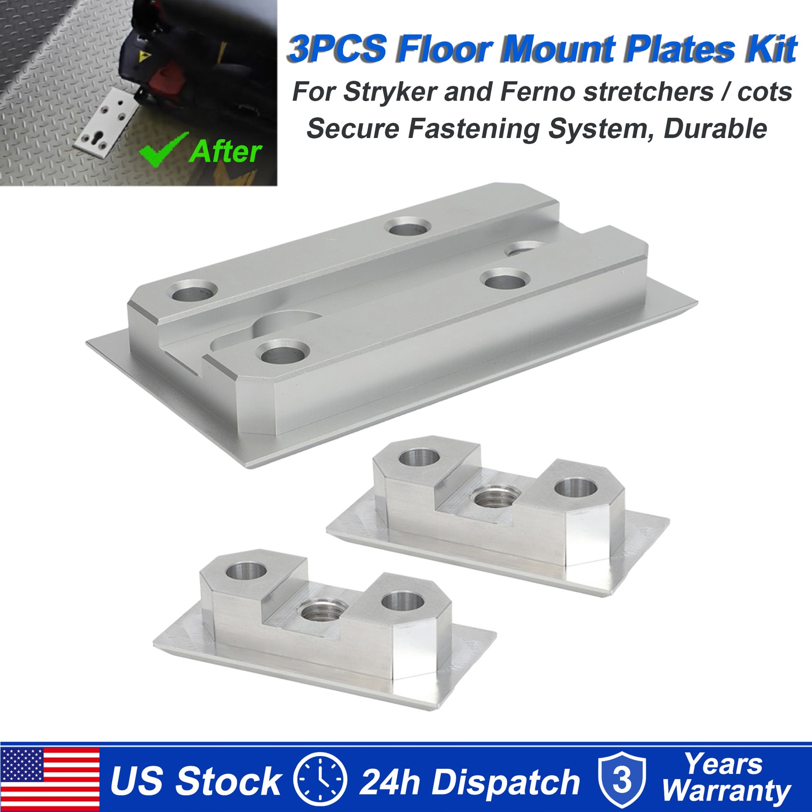 3PCS Floor Mount Plates for Stryker Ferno Ambulance Stretcher Fastening System