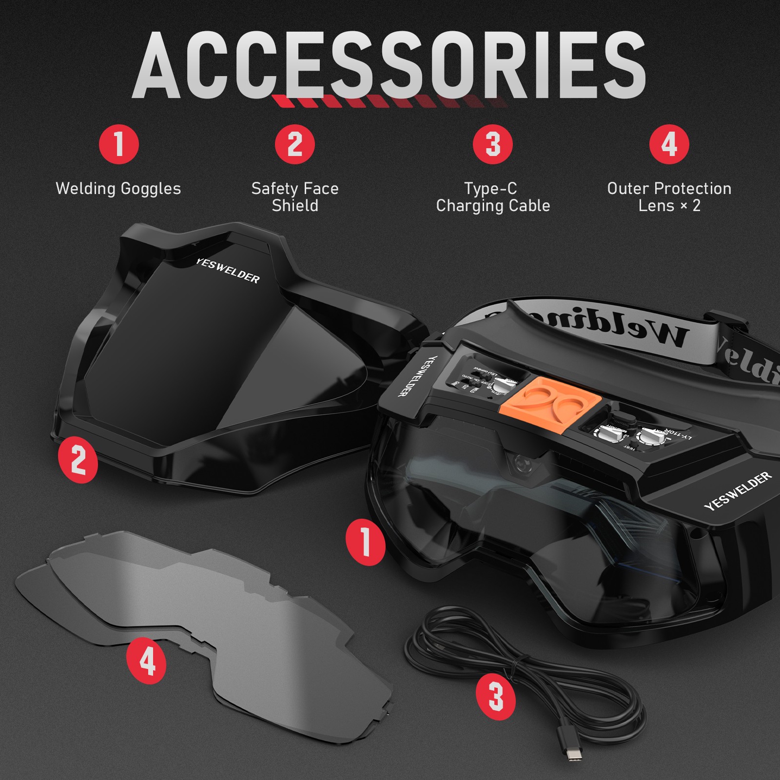 Auto Darkening Welding Goggles with LED Light & Type-C Charging, 4 Arc Sensors
