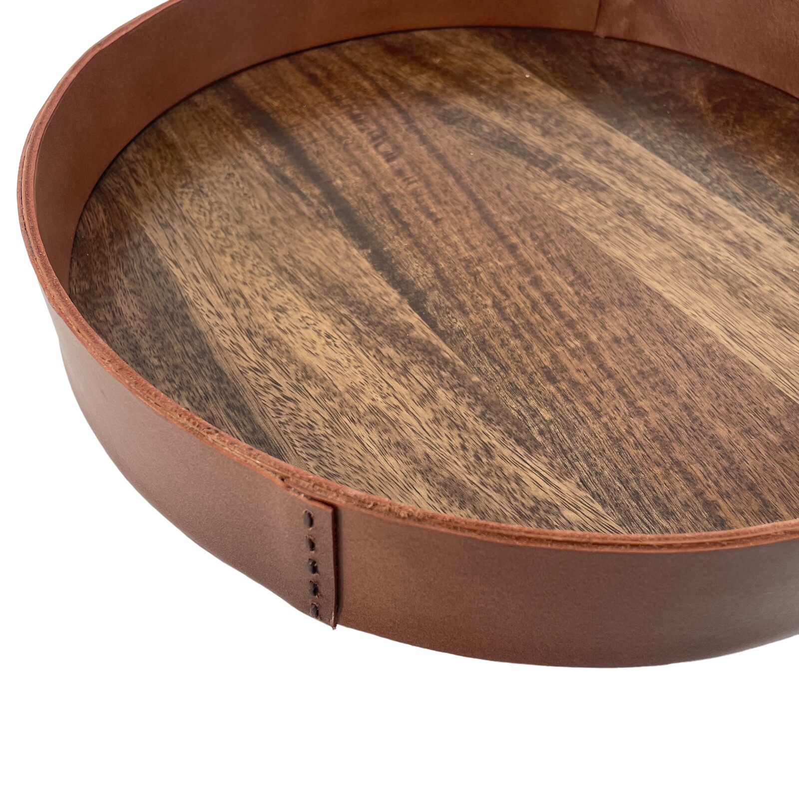 Vintage Wood and Leather 14″ Round Tray Handmade MCM Mid Century 4 lbs Any Room