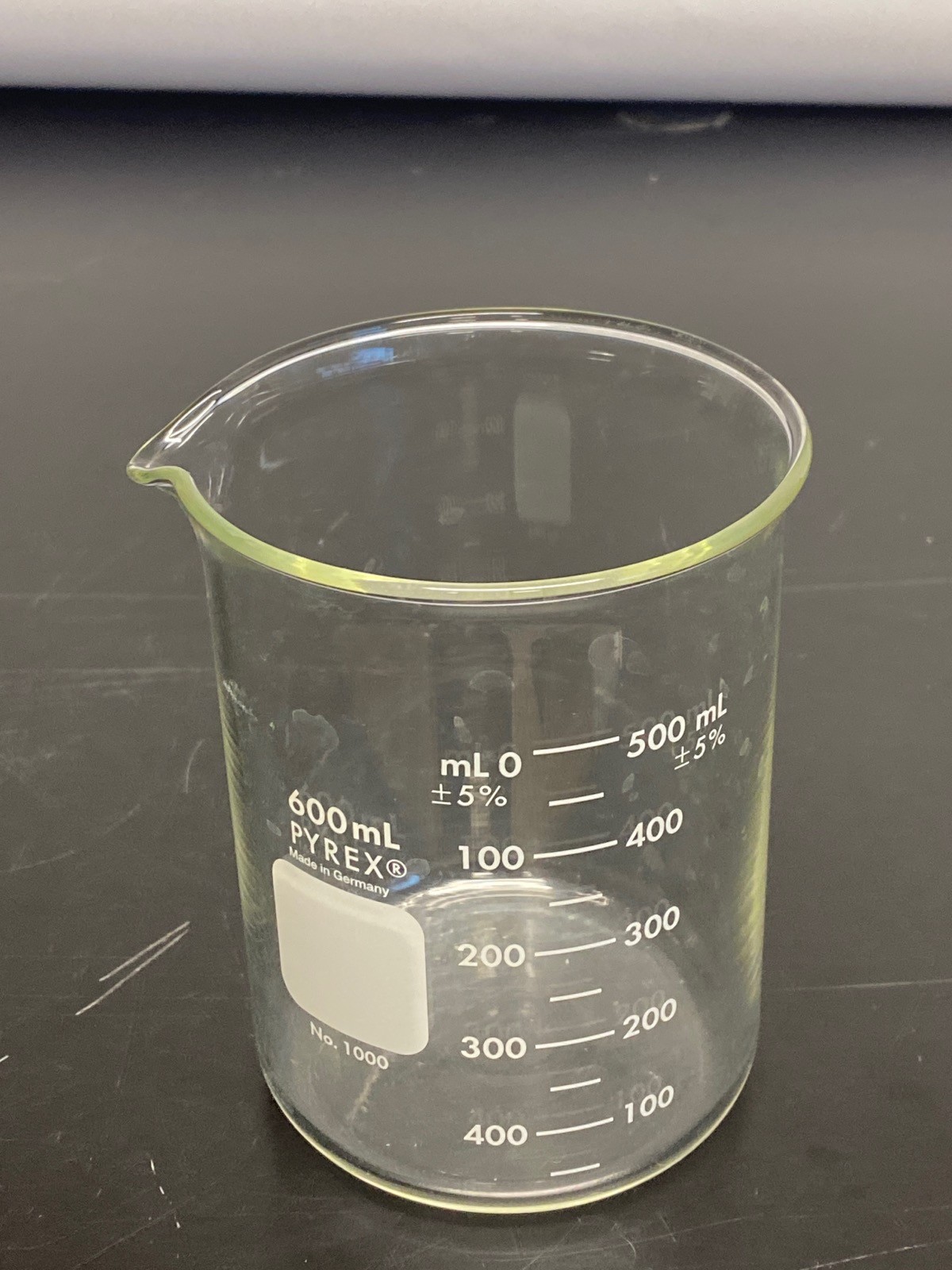 CORNING PYREX Glass 600mL Low Form Dual Scale Graduated Griffin Beaker 1000-600
