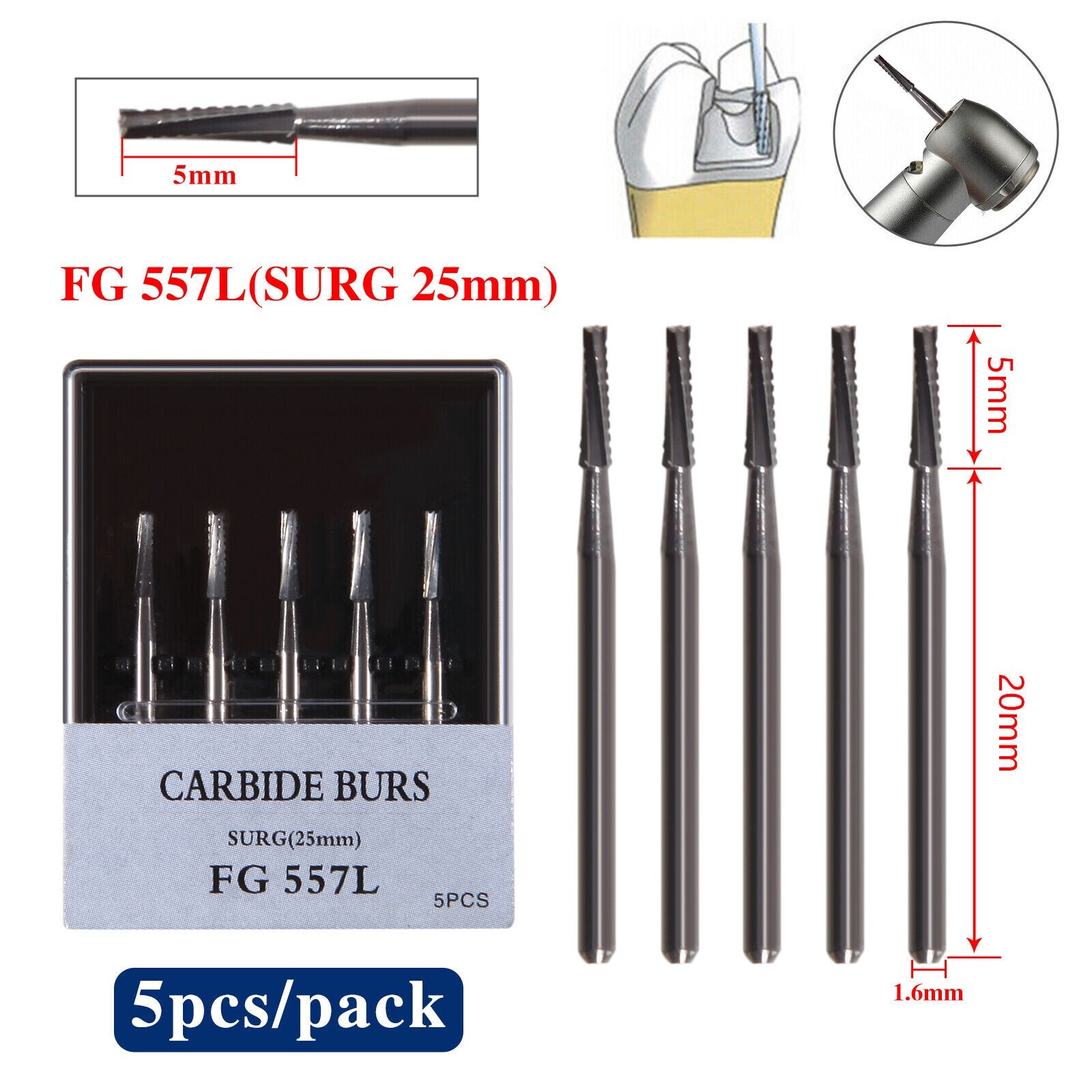Dental Long Surgical Burs FG #557L 25mm Shank Tungsten Carbide Midwest USA
