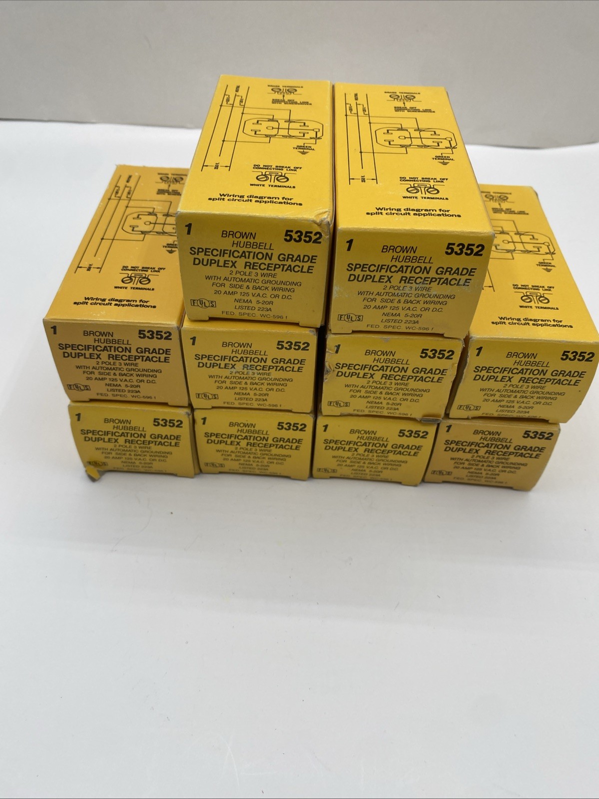Hubbell 5352 Duplex Outlet LOT OF 10 Brown Spec Grade 20A 125V AC or DC 3 Wire