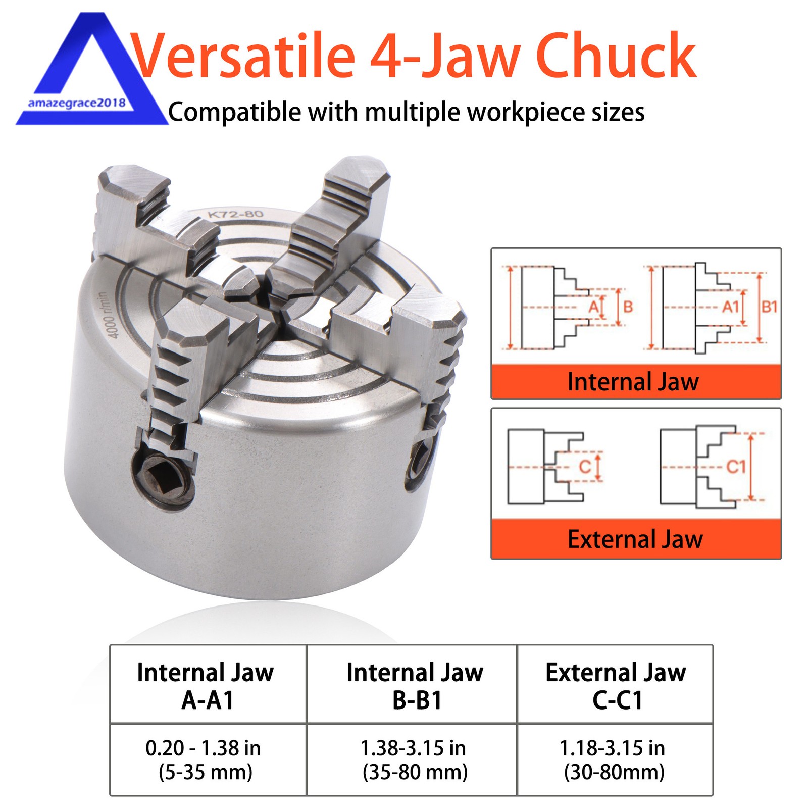 HT300 Material K72-80 3″ 4-Jaw Independent Lathe Chuck with T-key Fixing Screws