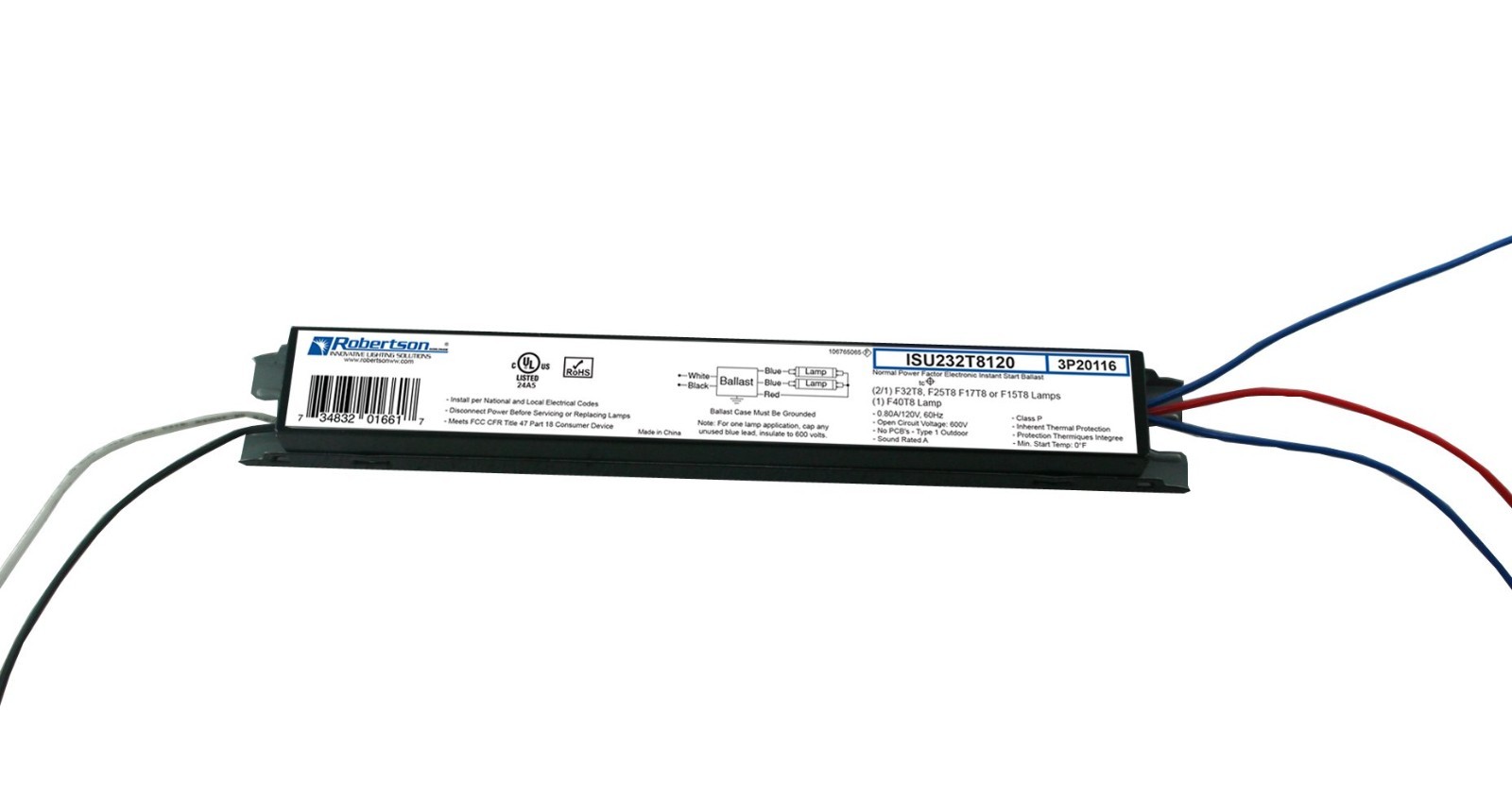 Electronic Fluorescent Ballast for 1-2 T8 Lamps 17W-32W, Instant Start, 120V