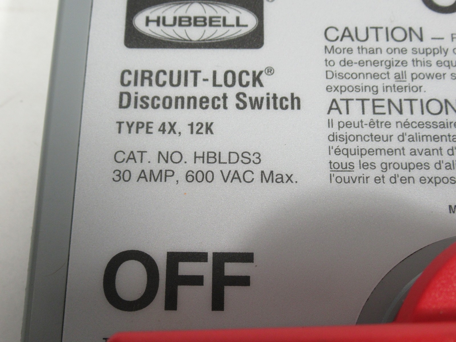 Hubbell HBLDS3AC Circuit-Lock Disconnect Switch 30A 600VAC C/W Auxiliary USED