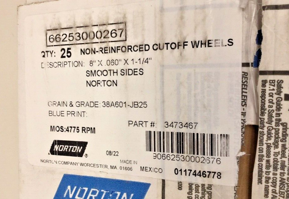 Norton 66253000267 Cutoff Wheel 8 x 0.60 x 1-1/4 38A601-JB25/3473467(Pack of 25)