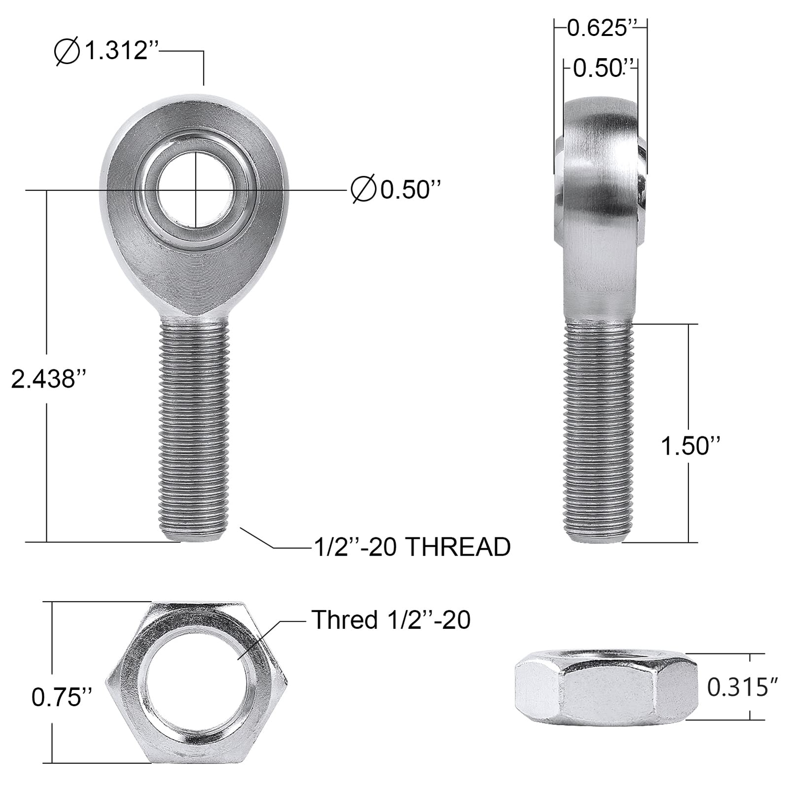1/2-inch Heim Joint Rod End Kit Chromoly Right Left Hand Thread Nuts