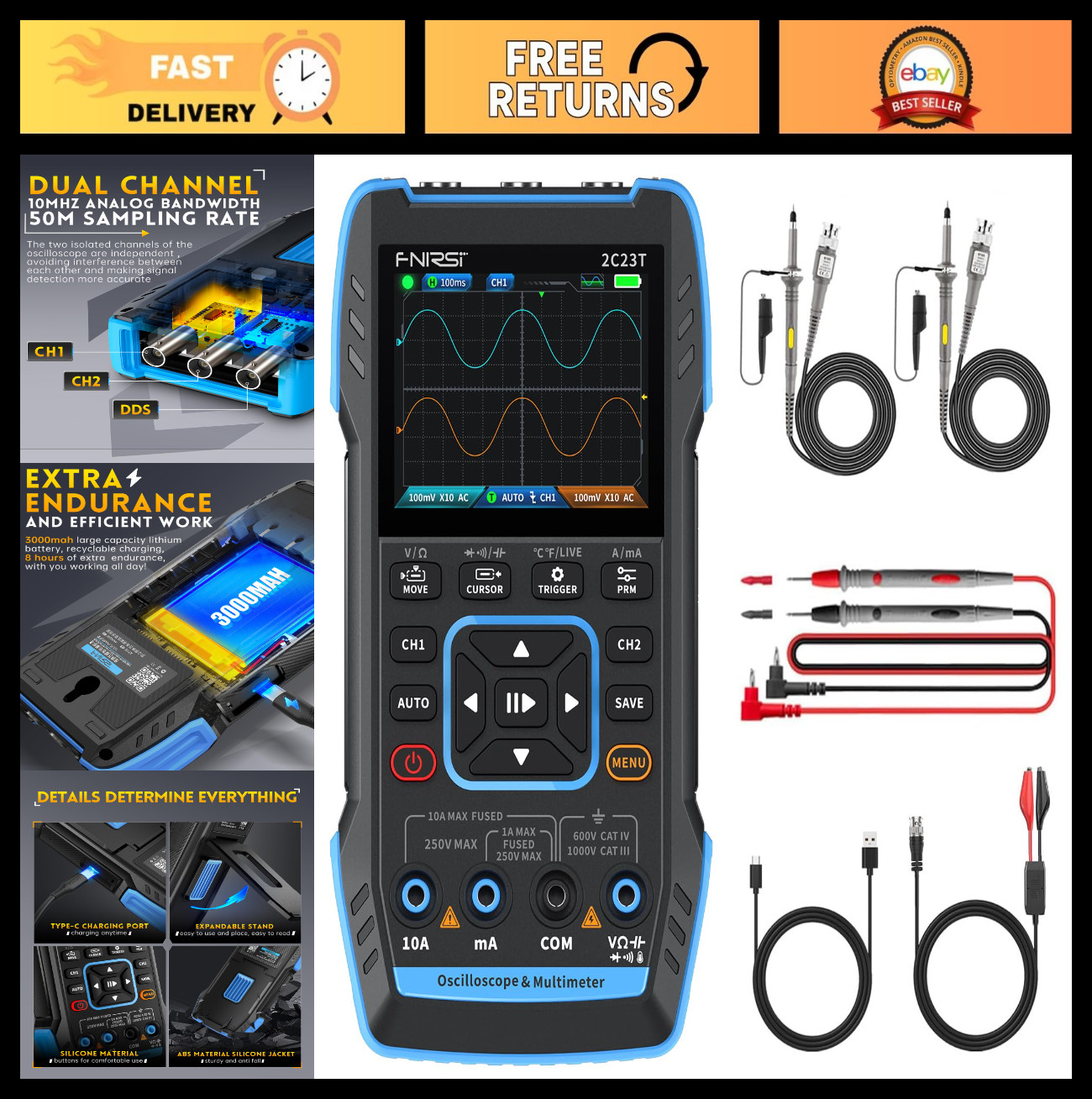 3-in-1 Oscilloscope Multimeter Signal Generator 10MHz 50MSa/s 2 Channels Probes