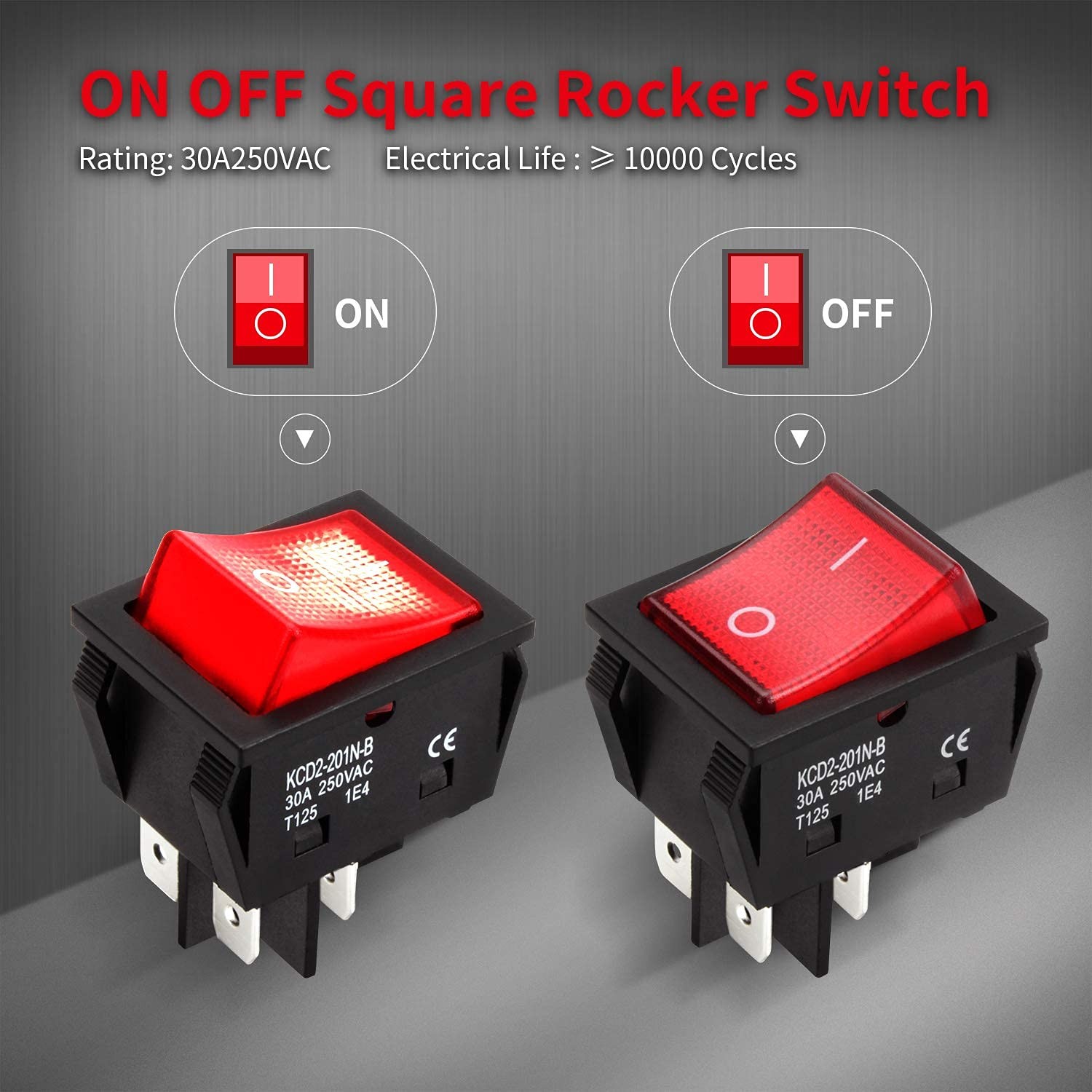 3 Pack On Off Red Light Rocker Switch 250V AC 30 AMP 125V 30A DPST 4 lug legs