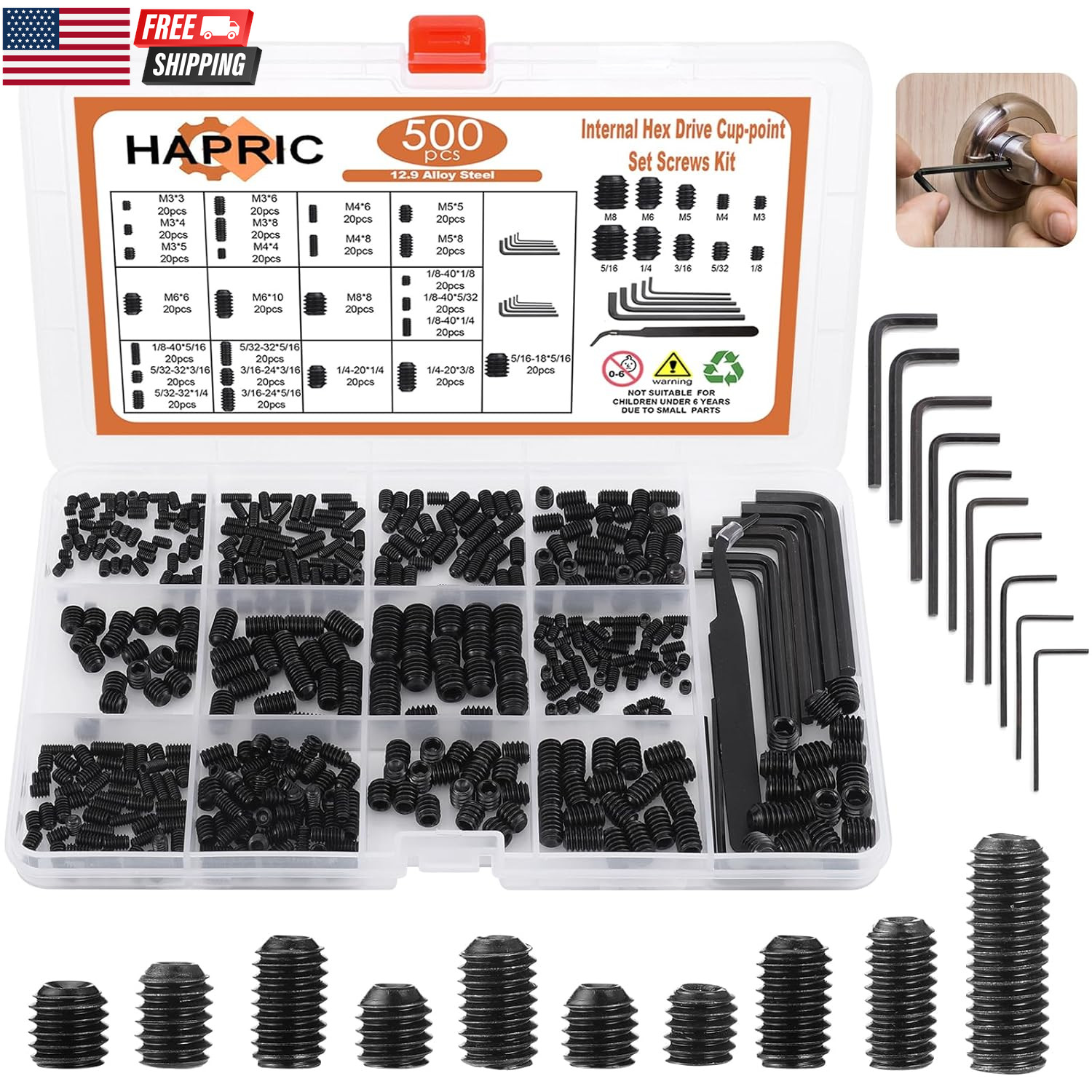 500 Pcs 25 Size Set Screws Metric&Sae Set Screw Assortment Kit 12.9 Alloy Steel