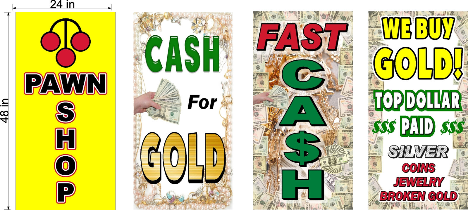 PERFORATED WINDOW DECAL PAWN SHOP CASH FOR GOLD NEW LOT OF 4 2′ X 4′ VERTICAL