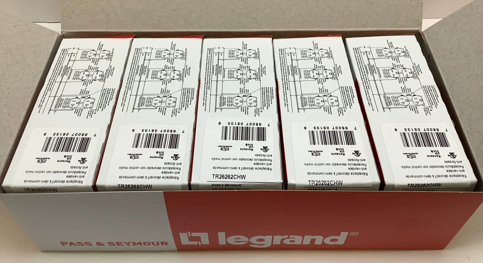 Legrand TR26262CHW Half Controlled Decorator Receptacle, 15A, White, Case of 10