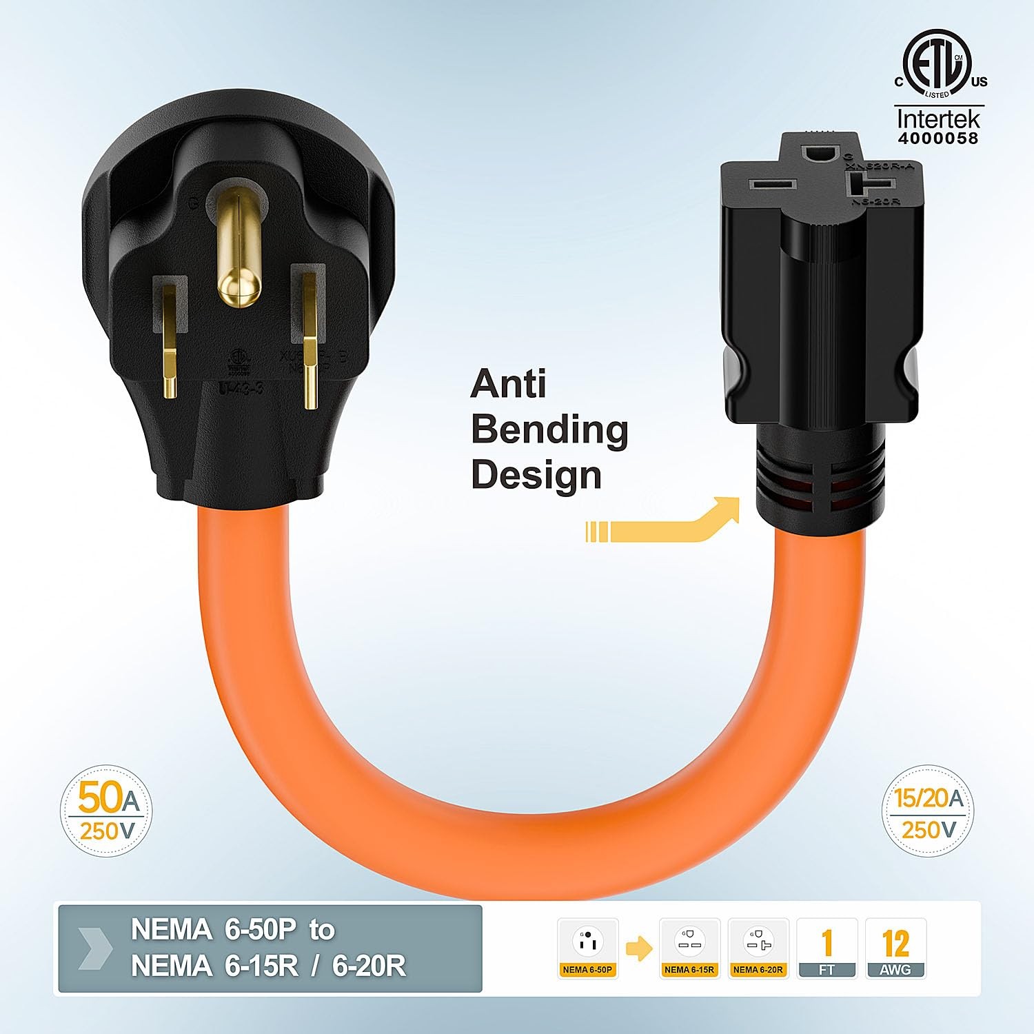 1.5FT Nema 6-50P to 6-15R/6-20R Welder Power Adapter Cord, 6-50P 50-Amp to 6-20R
