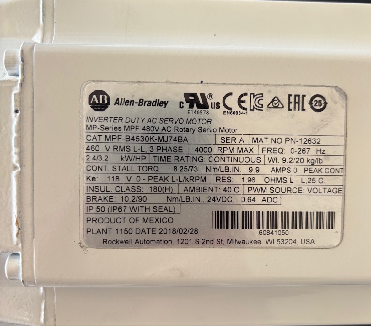 Allen Bradley USED MPF-B4530K-MJ74BA Servo Motor. MPFB4530KMJ74BA