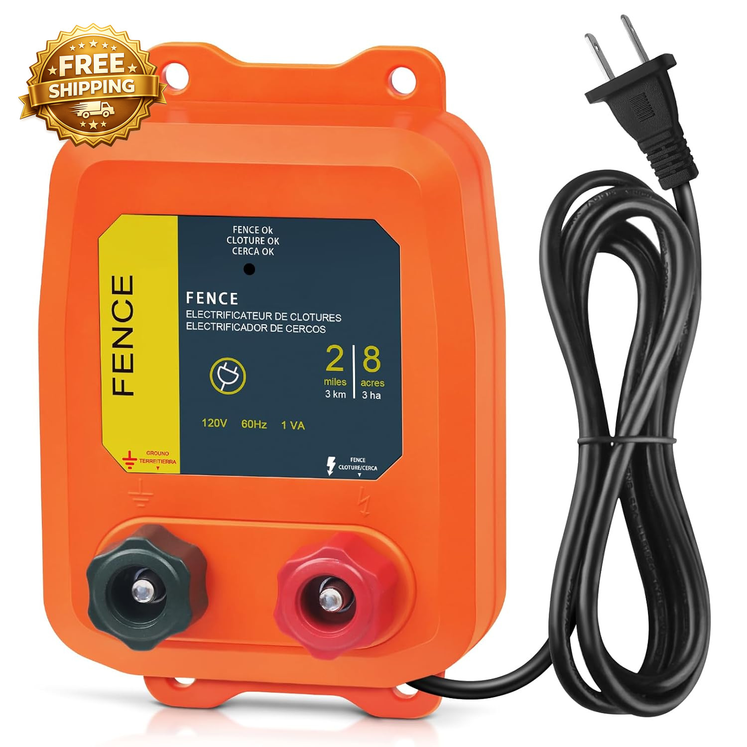 Electric Fence Charger PE2 0.10 Joule 2-Mile/ 8 Acres Plug in Electric Fence Cha