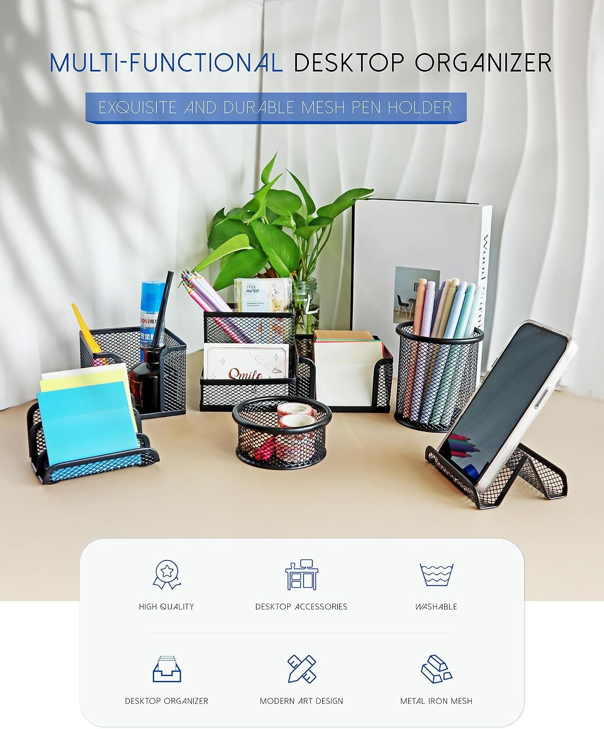 Desk Organizer Set, 6 Piece Mesh Office Accessories, Pen Holder, Phone Stand
