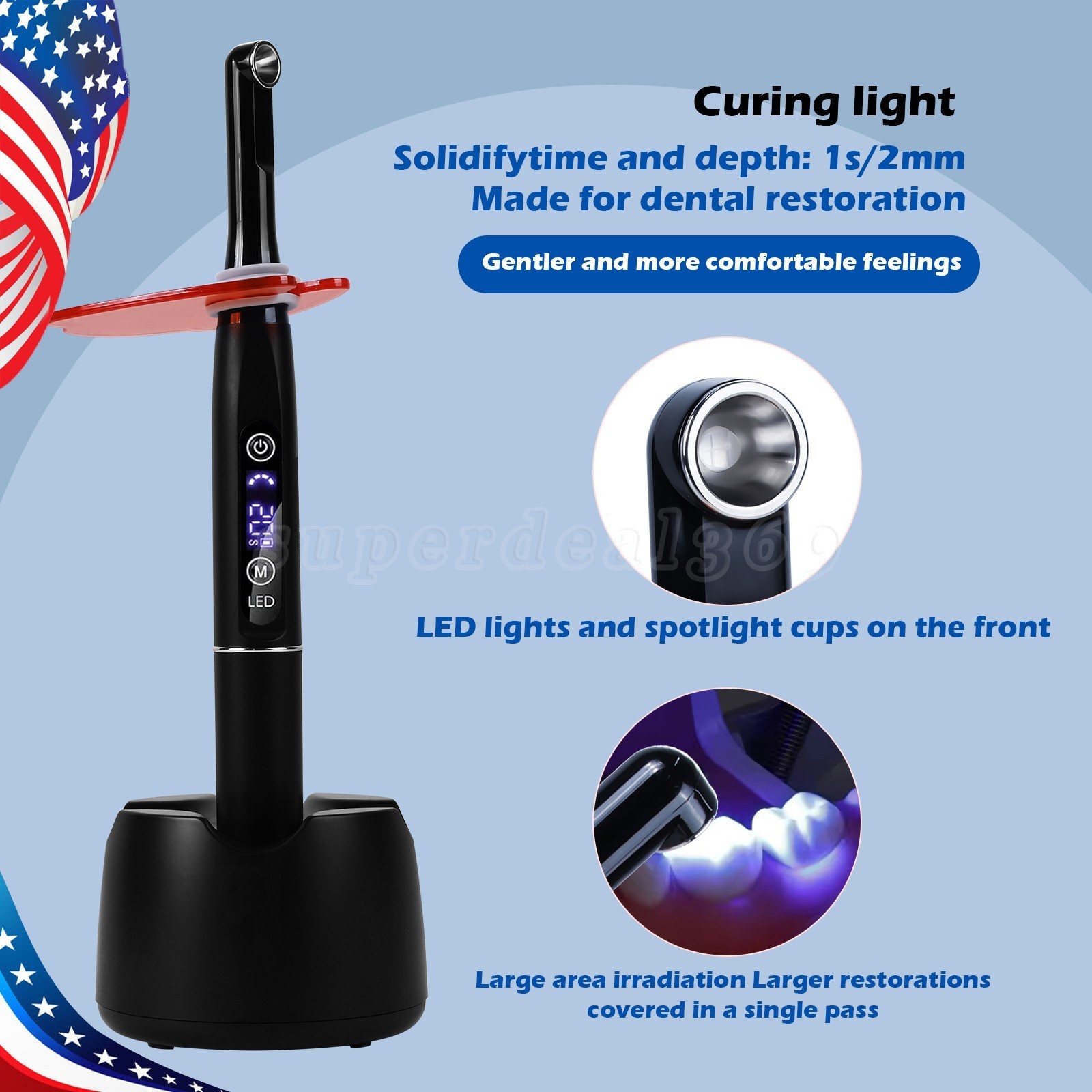 Dental Wireless Cordless LED Curing Light 1 Second Resin Lamp 2500mw Black