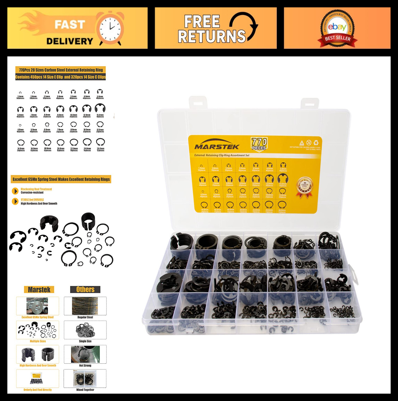 770Pcs C Clips & E Clips Assortment Kit, 28 Sizes Snap Rings, Retaining Rings Se