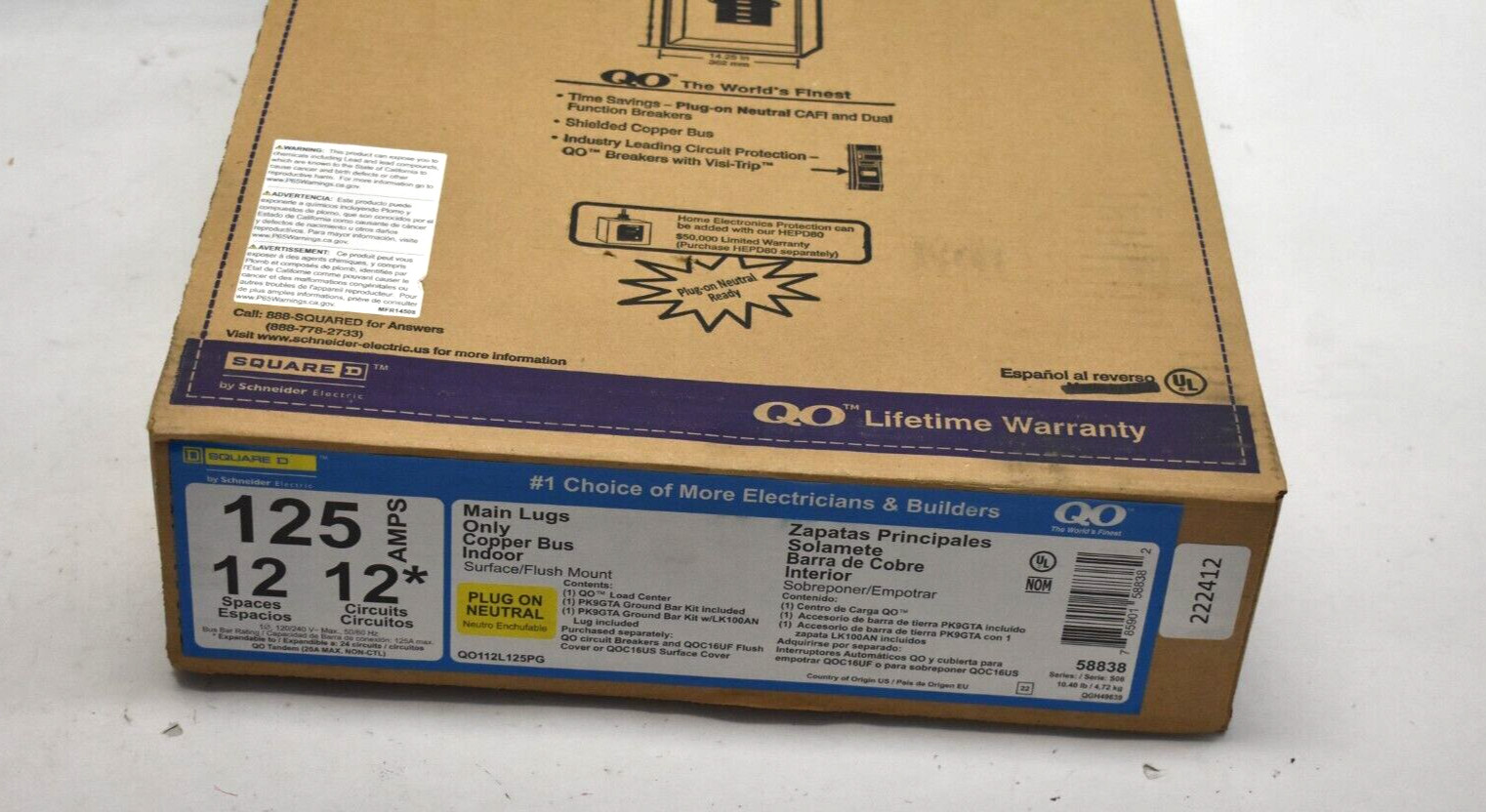 SQUARE D Main Lug Load Center 12 Spaces 125 A 120/240V AC QO Circuit Breaker