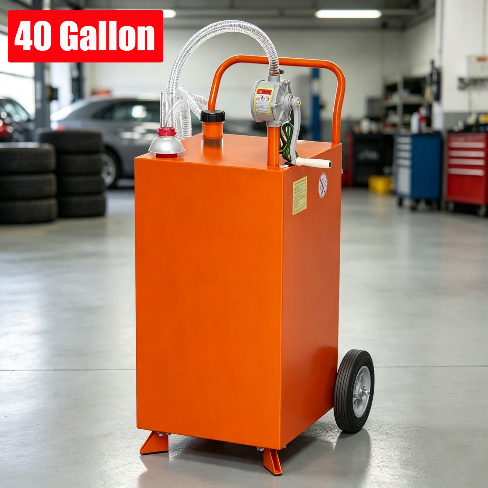 40 Gallon Fuel Caddy Fuel Storage Tank 2 Wheels with Transfer Pump, Orange