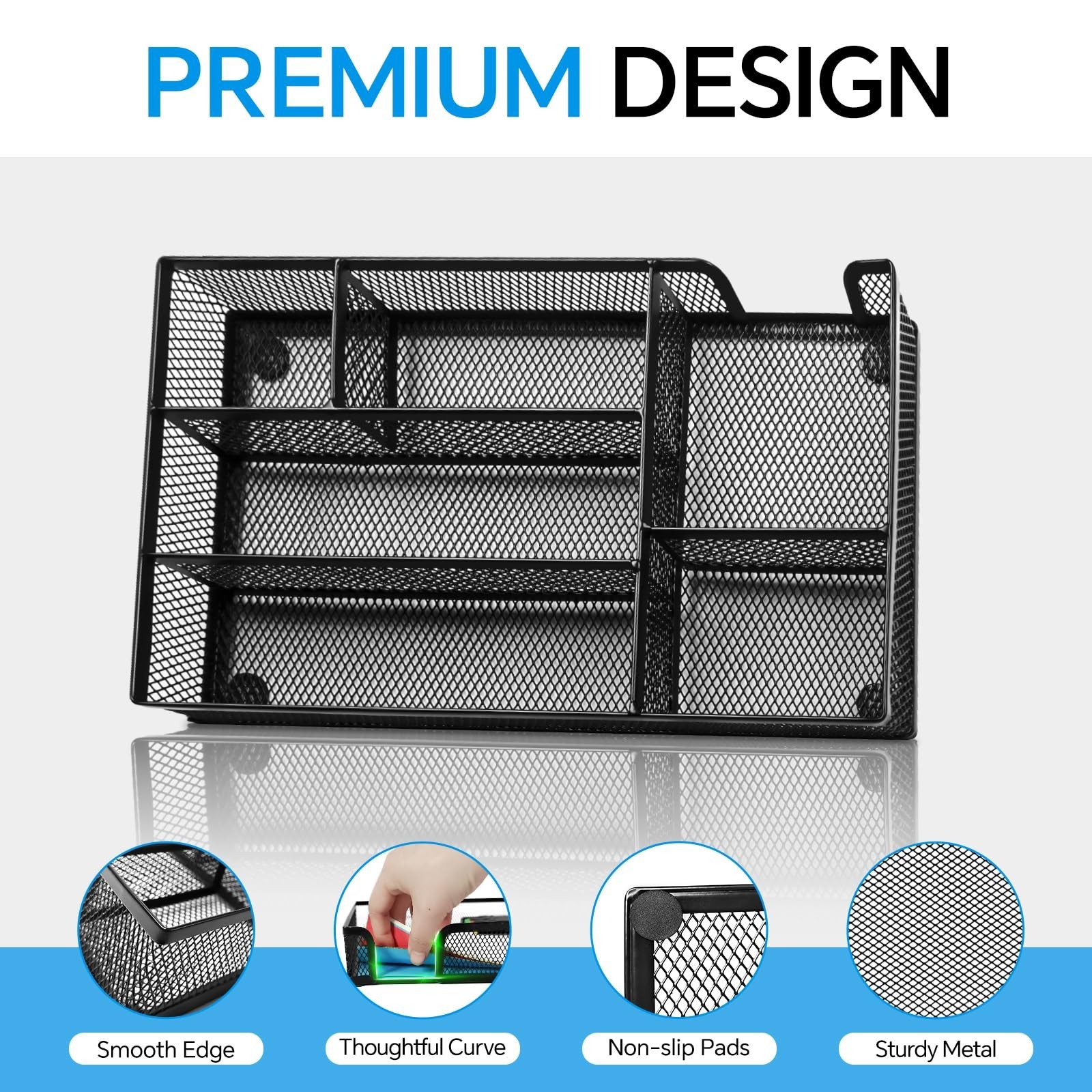 6-Compartment Desk Drawer Organizer Tray – Metal Mesh Office & Kitchen Storage S