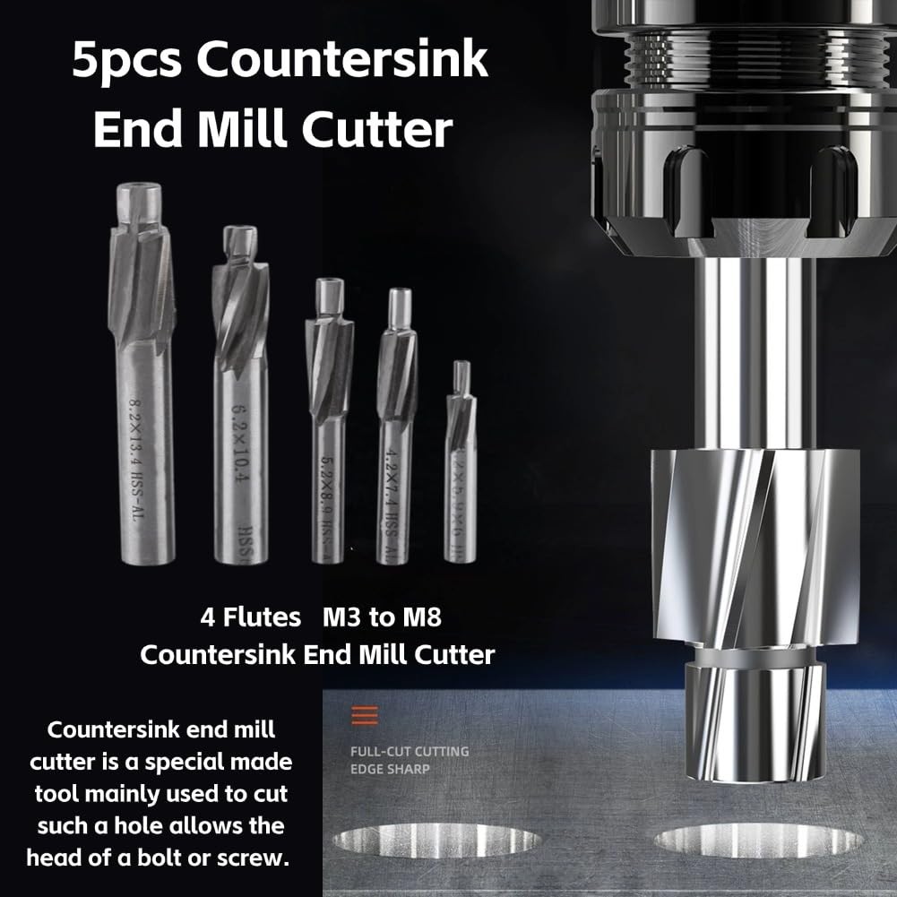5Pcs Counterbore Drill Bits Set, 4 Flutes Straight End Mill Cutter HSS Countersi
