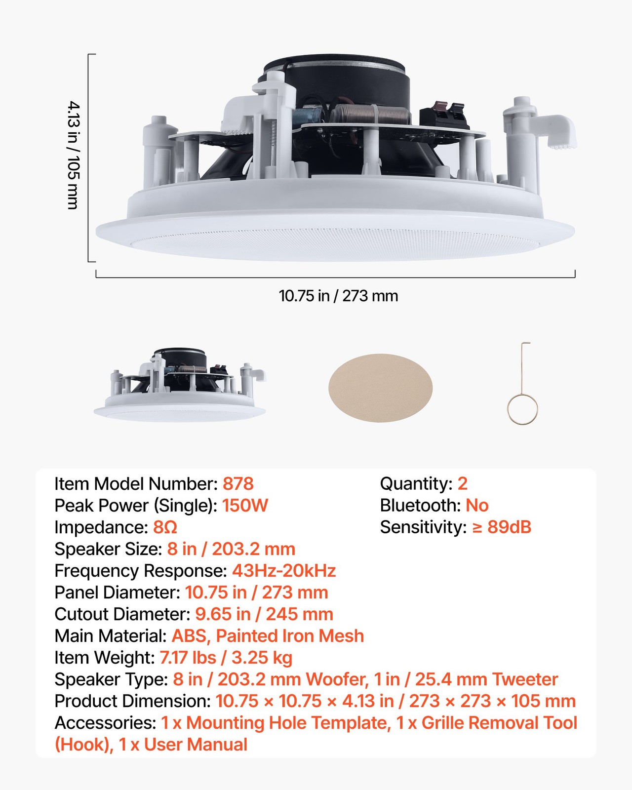 In Ceiling Speakers, 8″, In-Ceiling & In-Wall Speaker System, Hi-Fi Sound, 150W