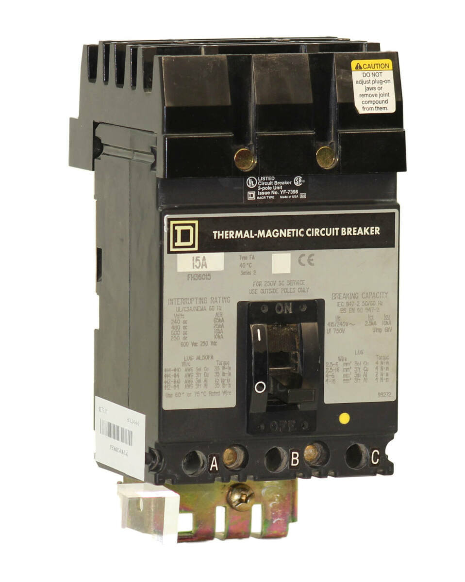 Square D FH36015 Breaker 15A 3‑Pole 600V 18kA I‑Line Thermal Magnetic 3‑Phase