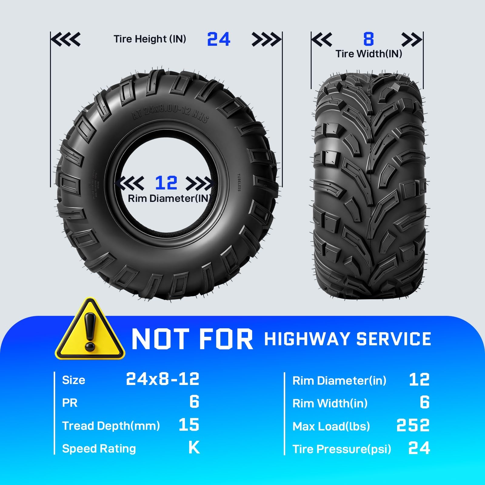 24×8-12 ATV UTV Tires 6 PR All-Terrain for Sand Mud Trail Tubeless Pack of 2