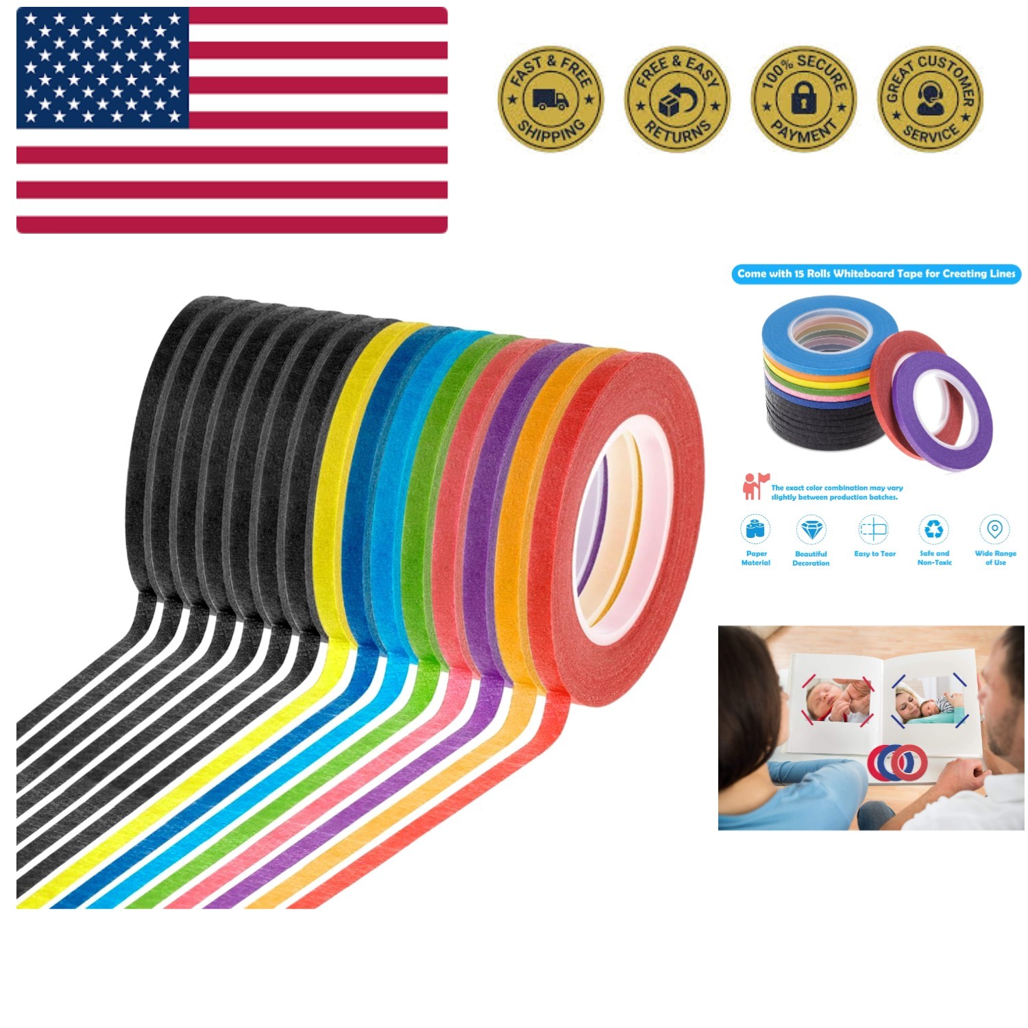 15 Rolls Thin 1/8 Inch 3mm Whiteboard Tape, Low-Tack Paper Pinstripe Art Grid…
