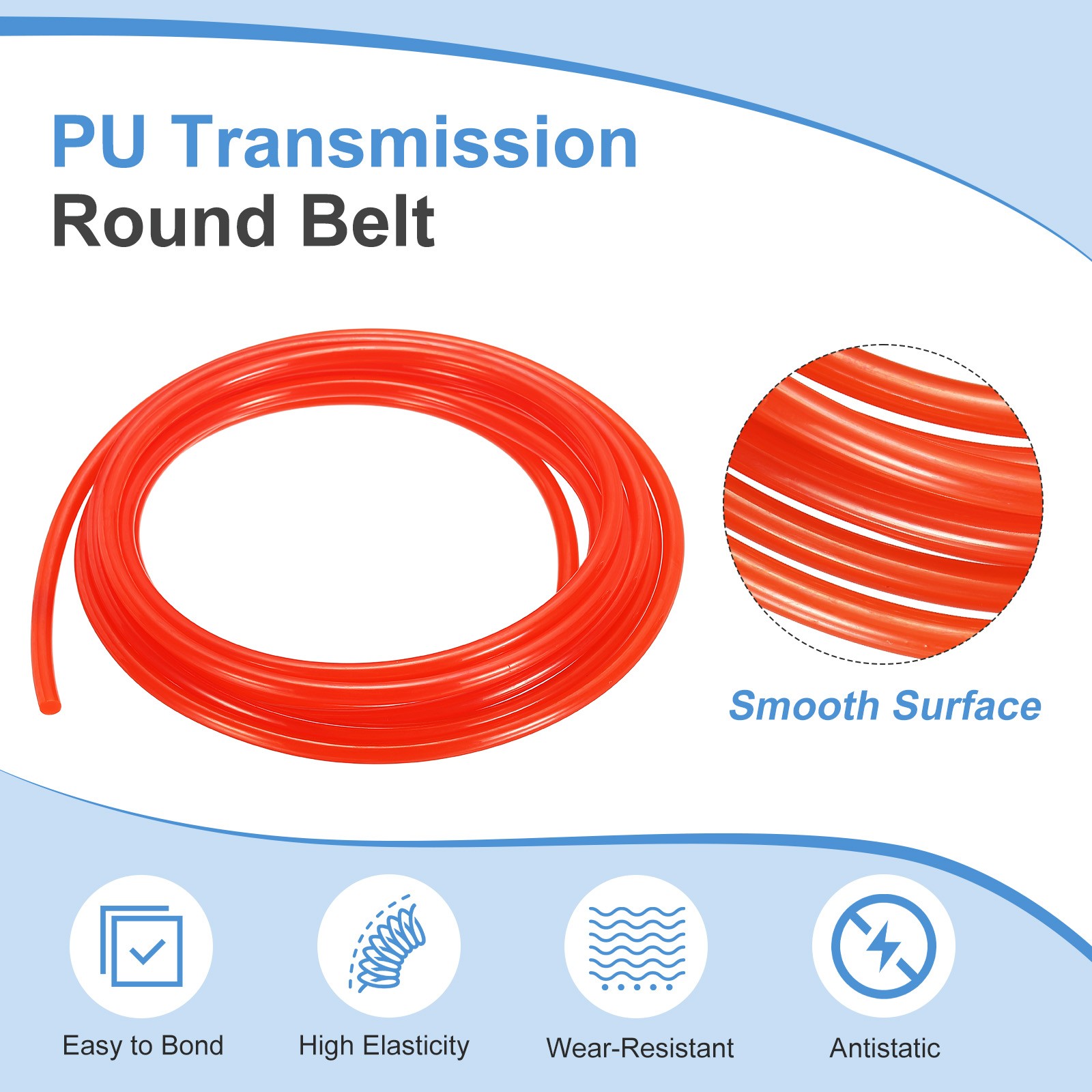 PU Transmission Belt, 4.5mm Dia 10ft (3 Meters) Length (Smooth Surface, Orange)