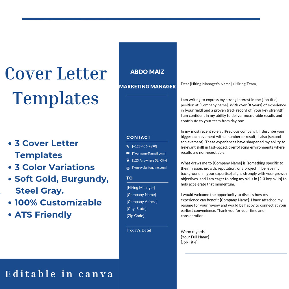 Marketing & Creative Cover Letter Templates | Canva Editable | 3 Colors
