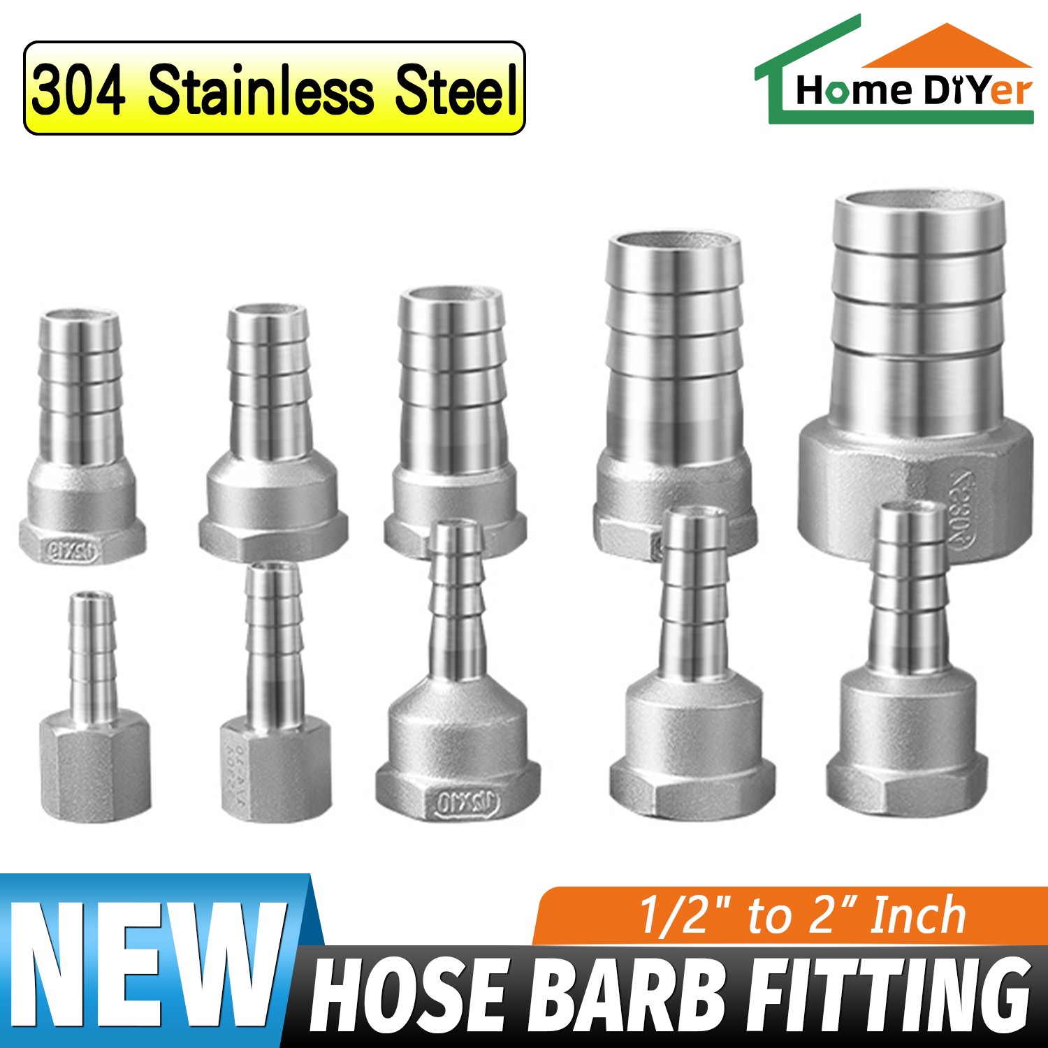 304 Stainless Steel 8-52mm Hose Barb Adapter x 1/4″-2″ Female Thread Hose Nipple