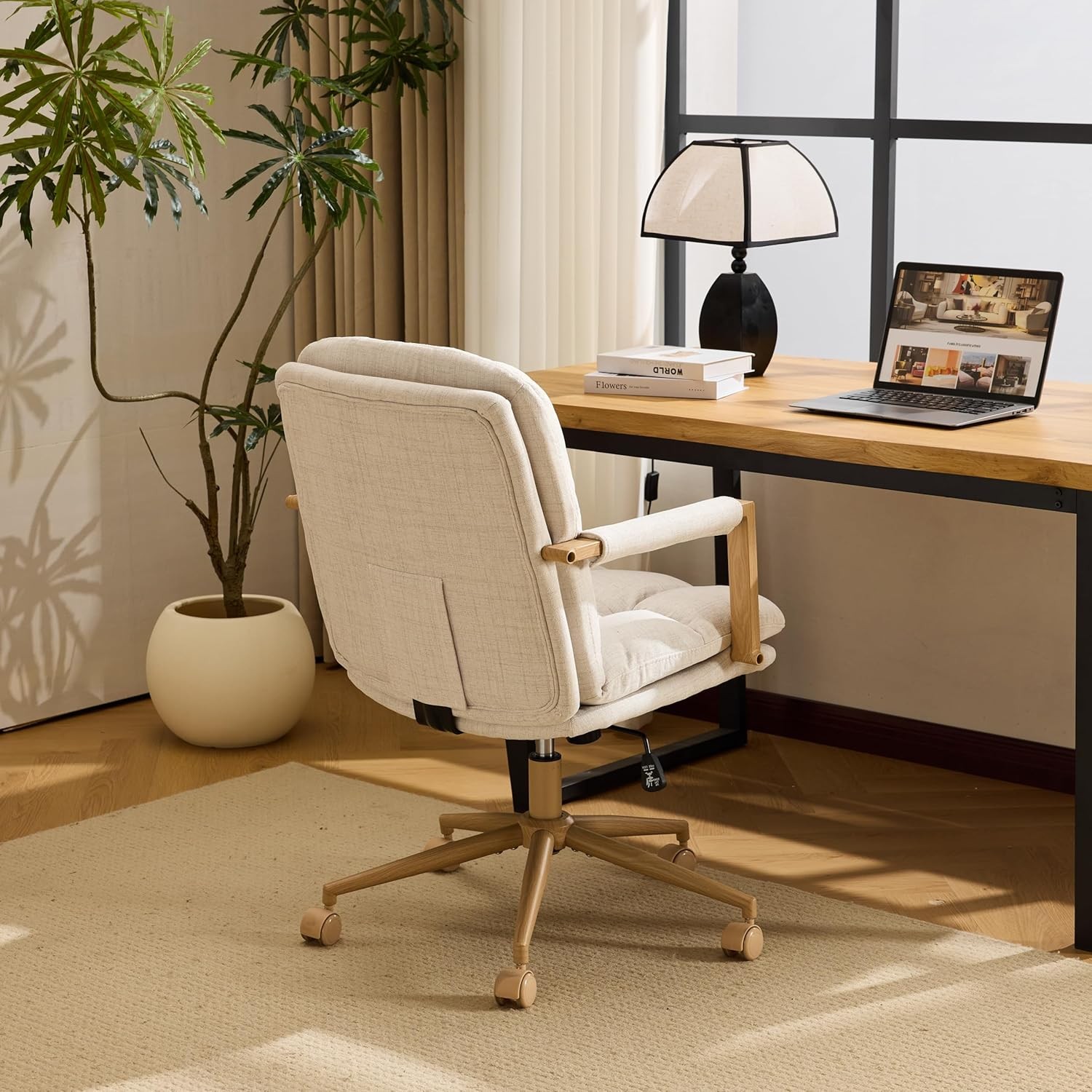 Comfy Linen Office Desk Chair with Wheels & Detachable Cushions & Wood-Like
