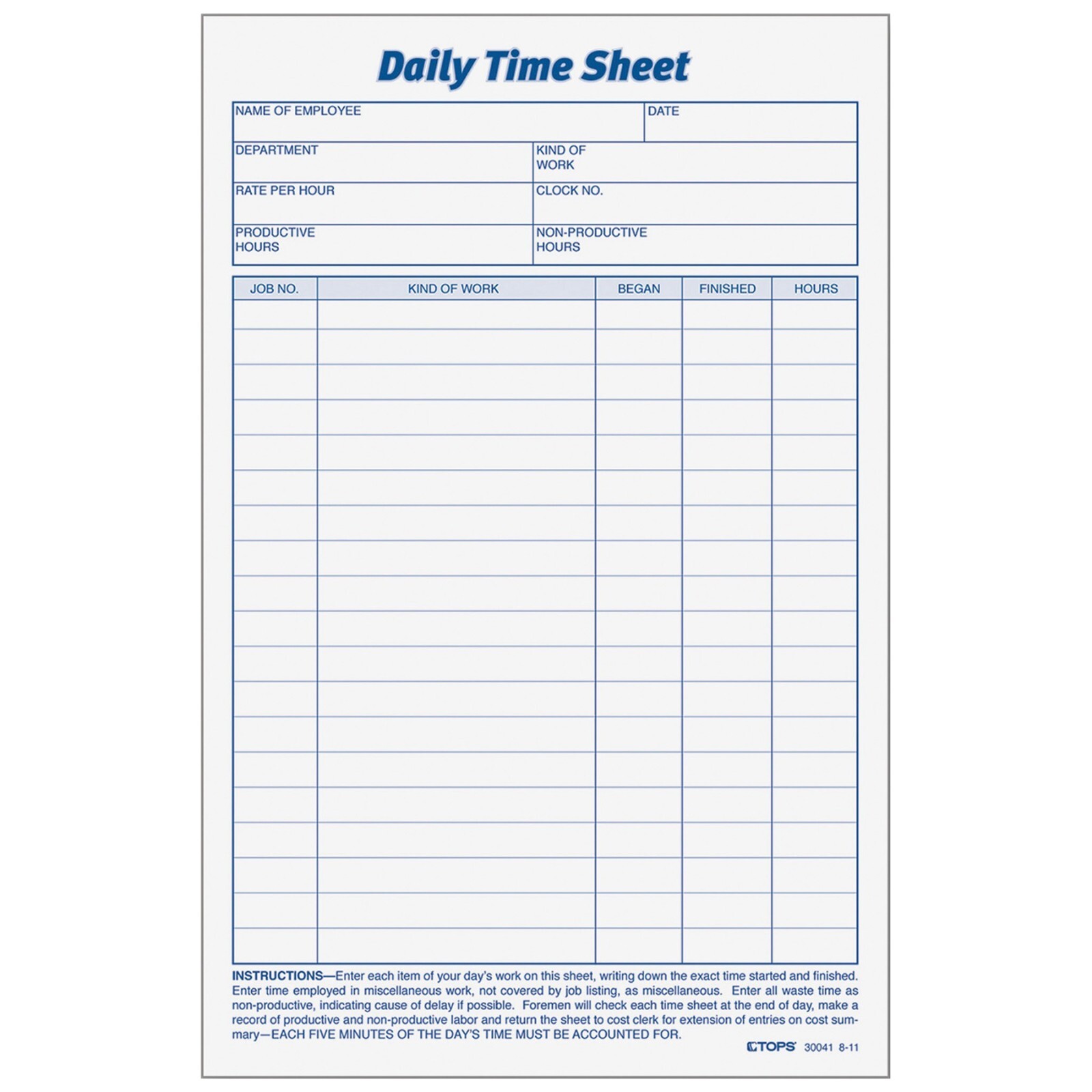 Tops 30041 Daily Time Sheet Form, 5-1/2 x 8-1/2″, Pack of 2 Pads.