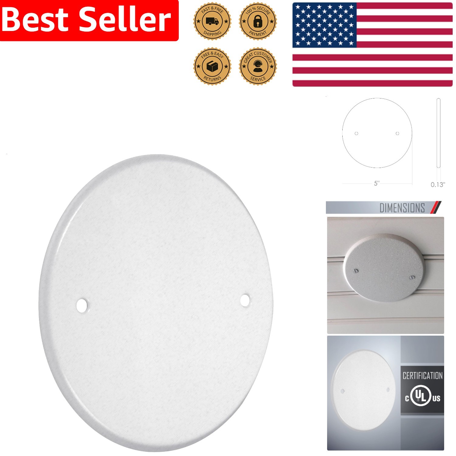 5 Inch Round Blank Cover Plate – White Metallic Metal Box Mount Decorator Style
