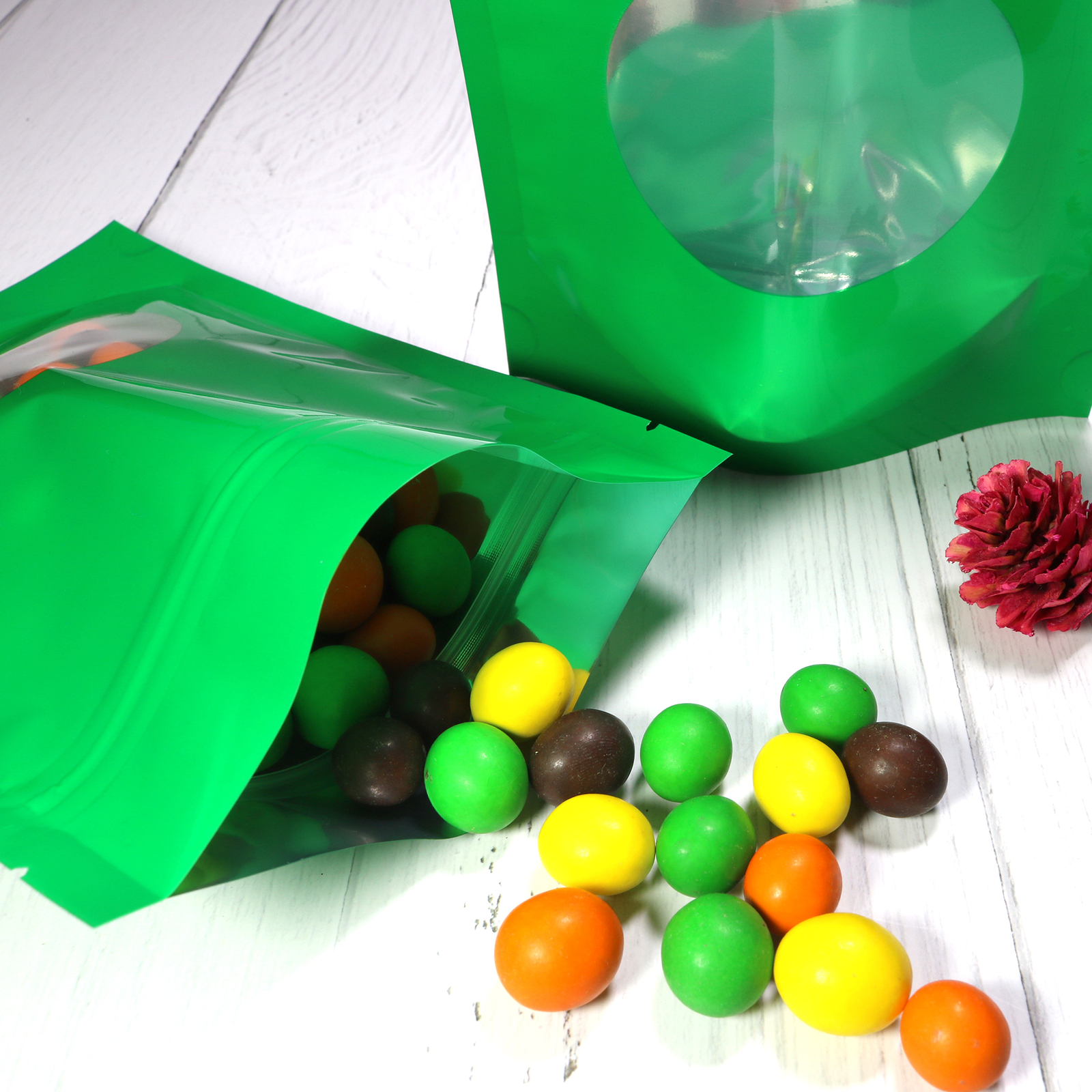 Reusable Glossy Green Stand-Up Zip Seal Pouch w/ Window in Many QTY (6.3×8.7″)