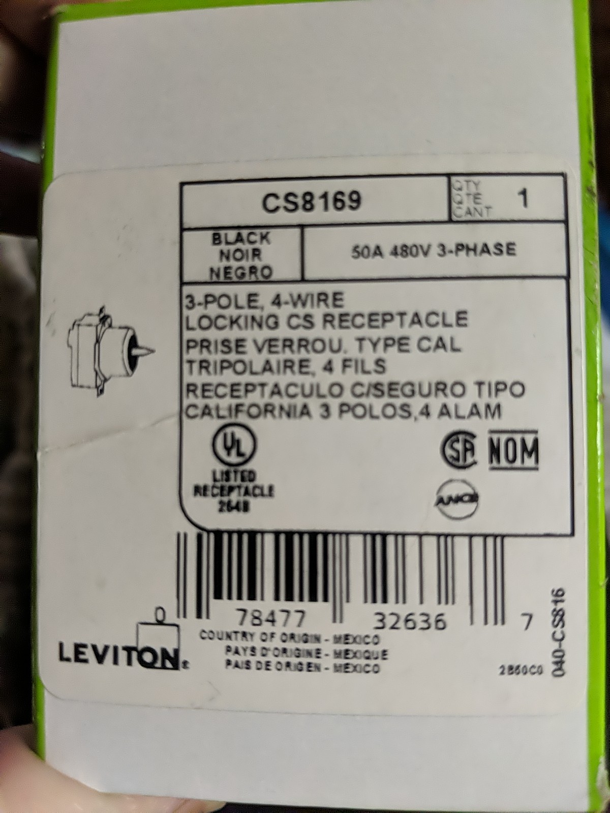Leviton CS8169 3-Phase 50A 480V Locking Flush Mount Receptacle – Black