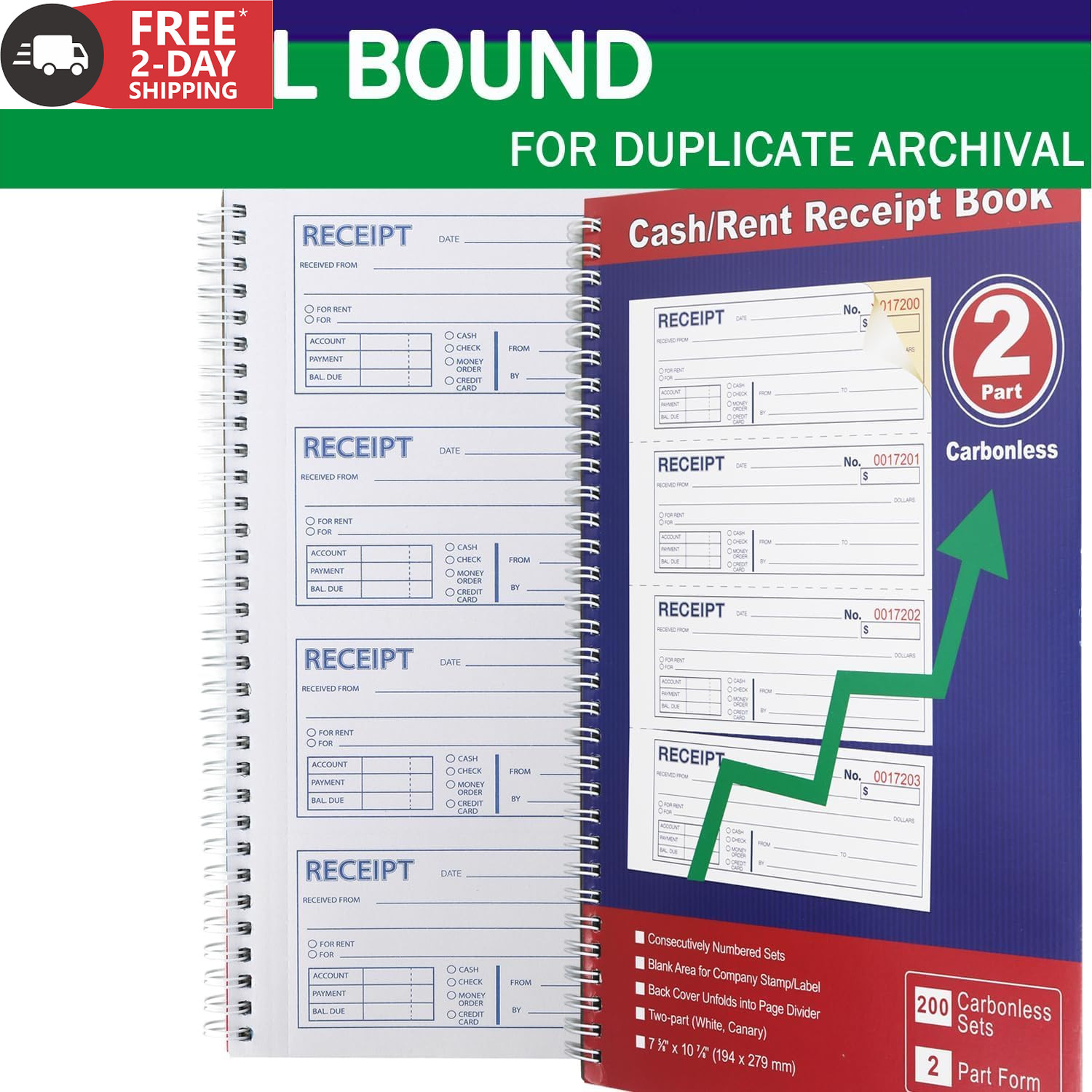 Money and Rent Receipt Book 2-Part Carbonless 7-5/8″ X 11″ Spiral Bound 200 Sets