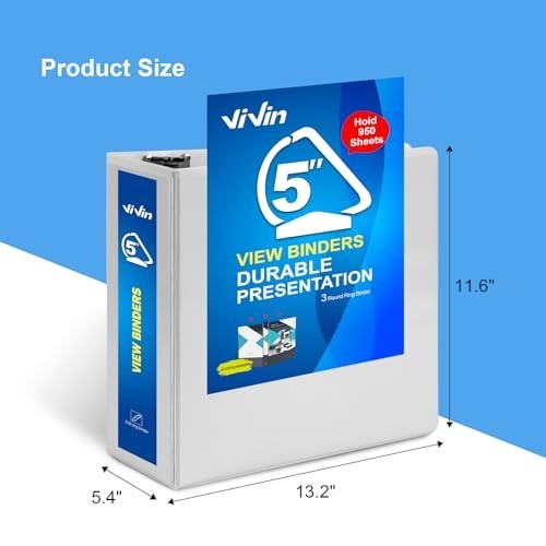 ViVin 5in D-Ring View Binder 950-Sheet Capacity 8.5 x 11 White 6 Pack