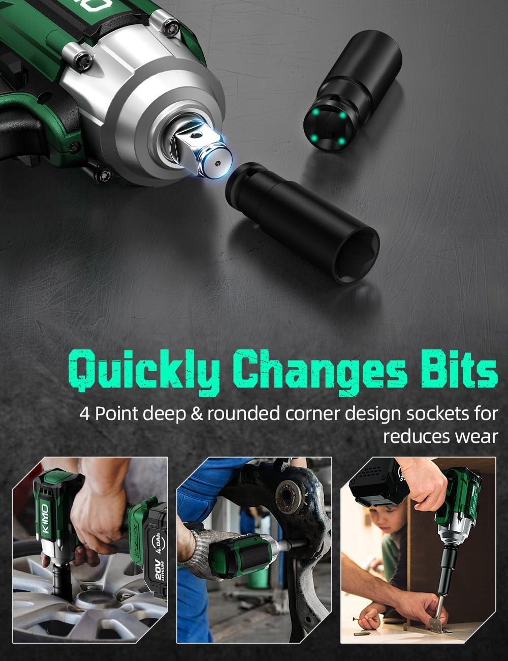 KIMO Impact Wrench 1/2 Cordless, 1200N.m (900ft-lbs), 4000RPM | 410Ft-Lbs/550N.m