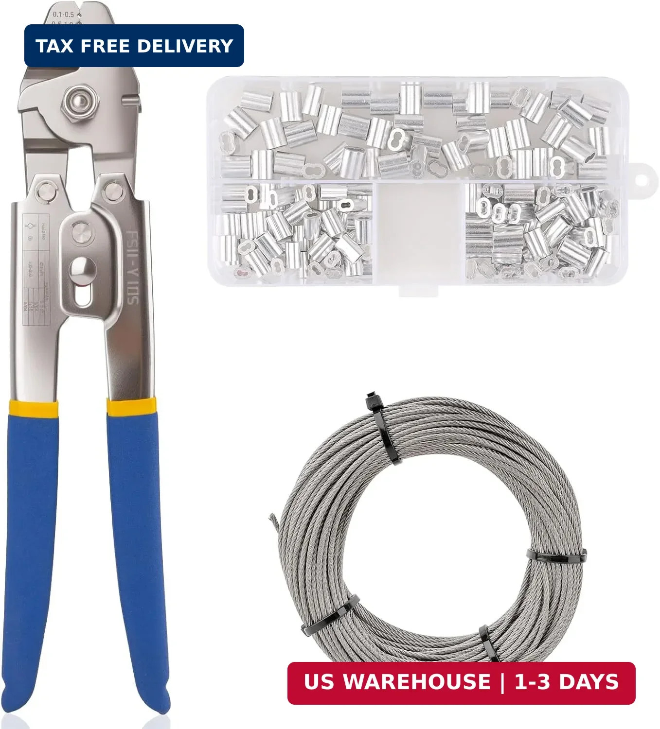 1/16IN 66FT Wire Rope Crimping Tool with 150pcs Aluminum Crimp Sleeves | Stainle