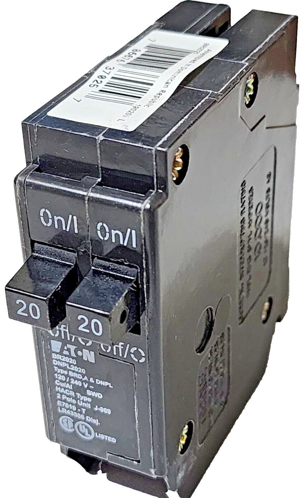 EATON BR2020, 2 Pole 20/20 Amp, 120/240Vac Plug-In, Type BRD & A Circuit Breaker