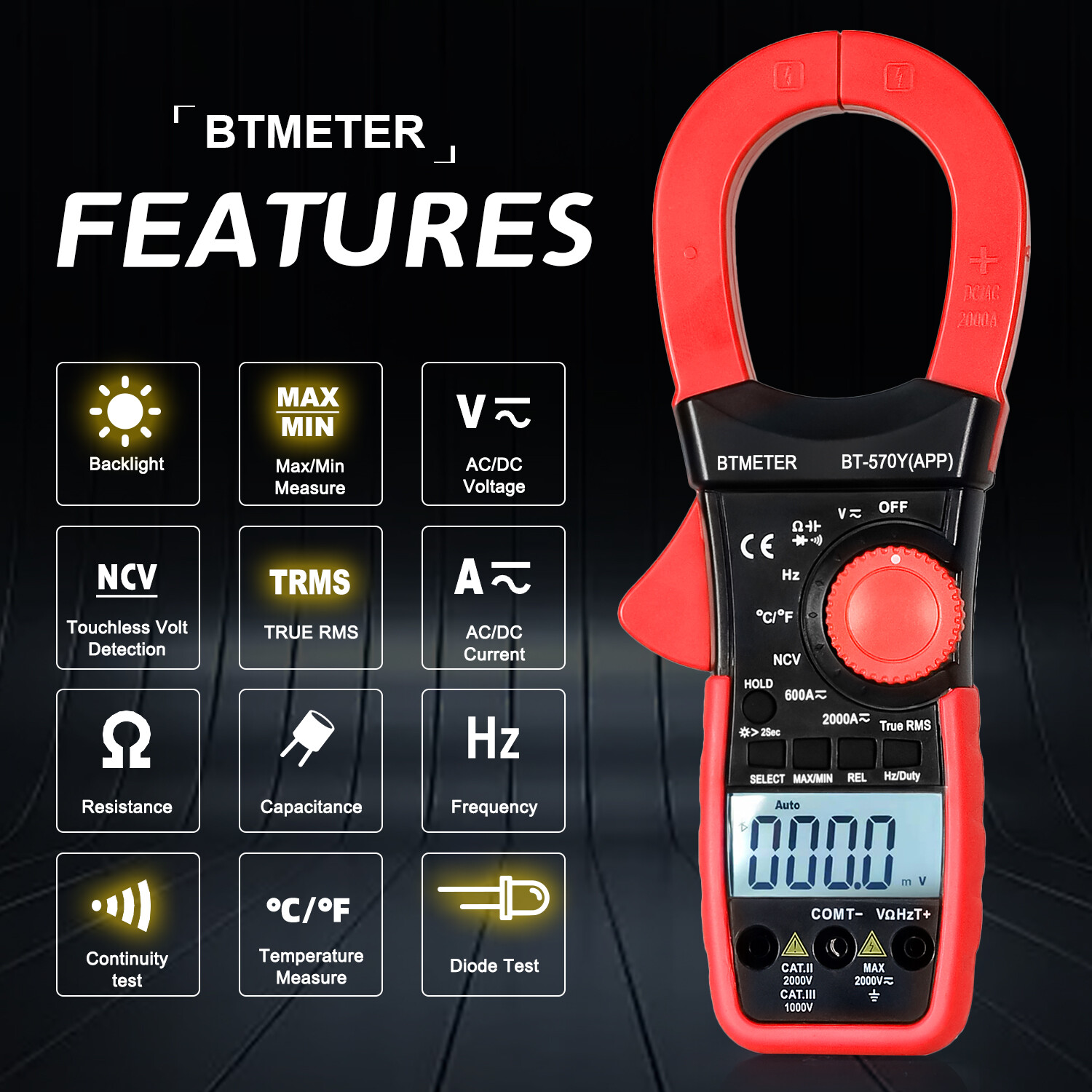 Smart Bluetooth Clamp Meter 570Y-APP w/ Mobile App, True RMS 6000 Counts, NCV US