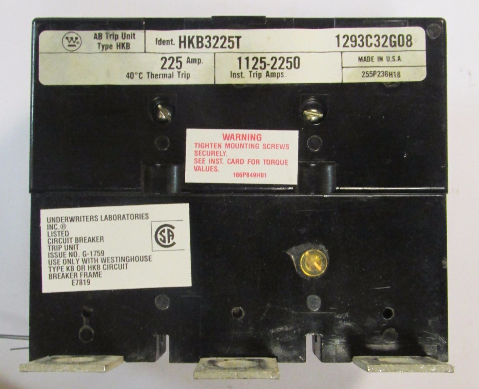 WESTINGHOUSE CUTLER HAMMER HKB3225T HKB KB Trip Unit 3 POLE 225 AMP 1293C32G08