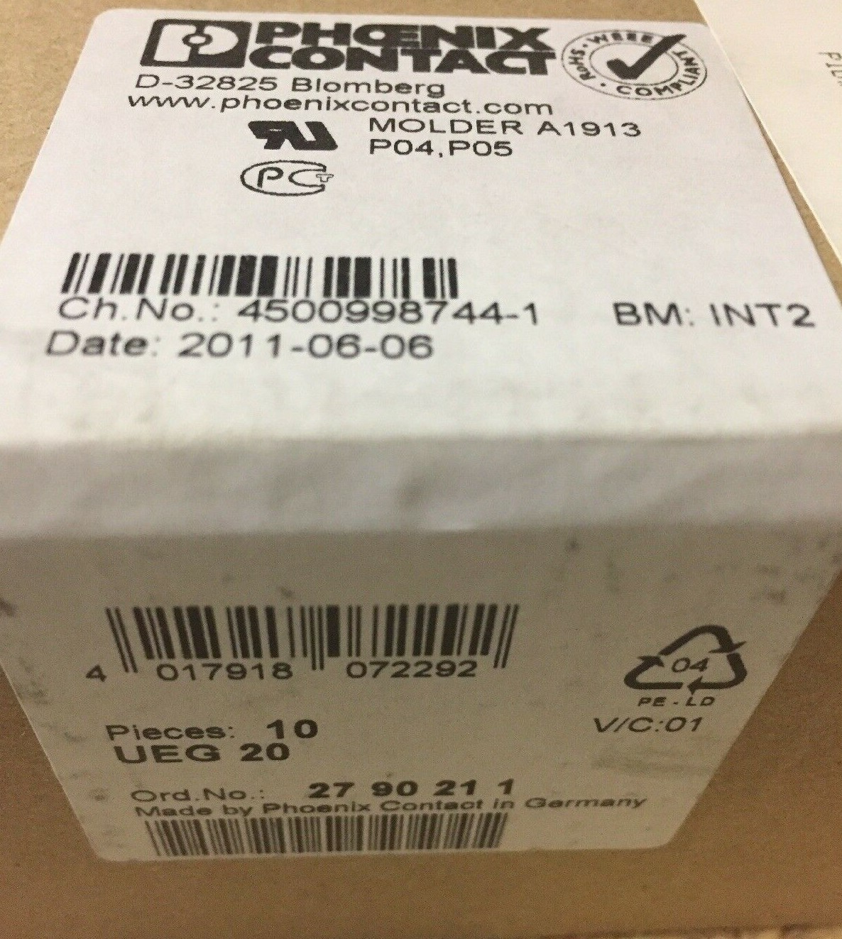 Manufacturer Box of 10 Phoenix Contact Electronic housing – UEG 20 – 2790211