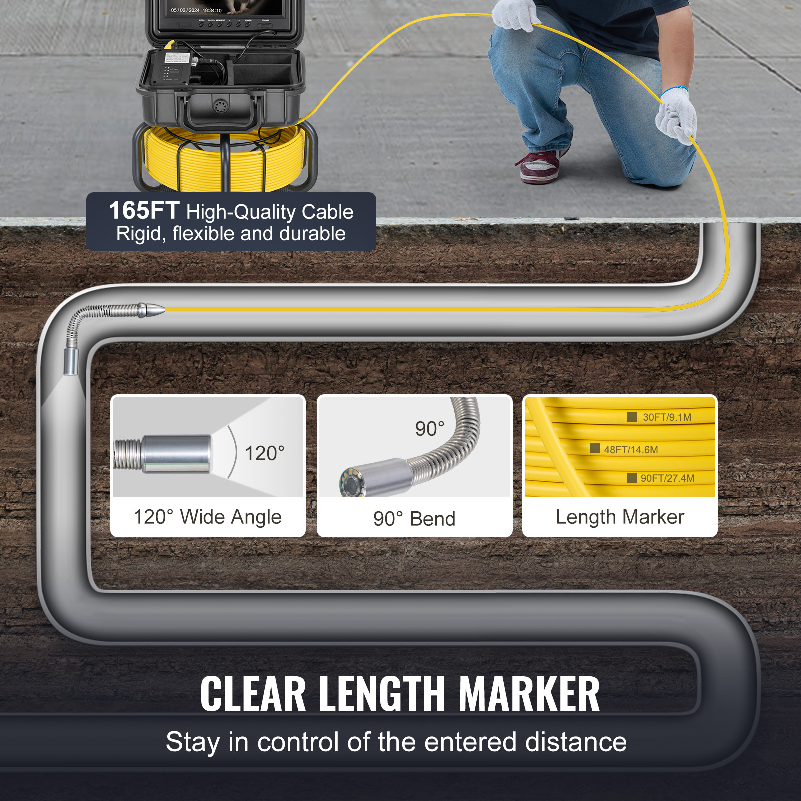 VEVOR Sewer Camera 165ft/50m Self-Leveling Drain Camera with 9″ Screen 36X Zoom