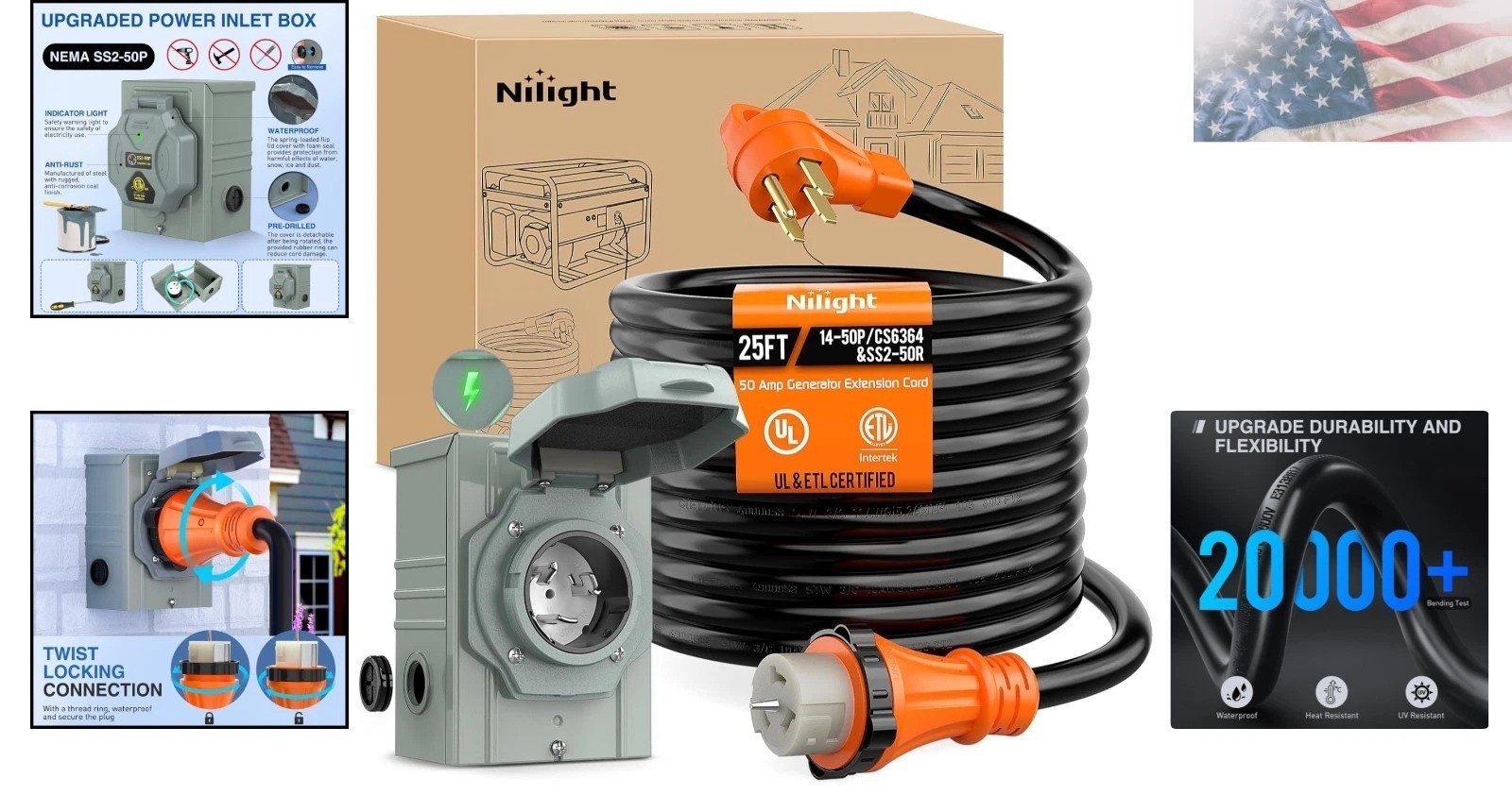 Heavy-Duty 50A 25FT Generator Cord with Certified Inlet Box for Durability