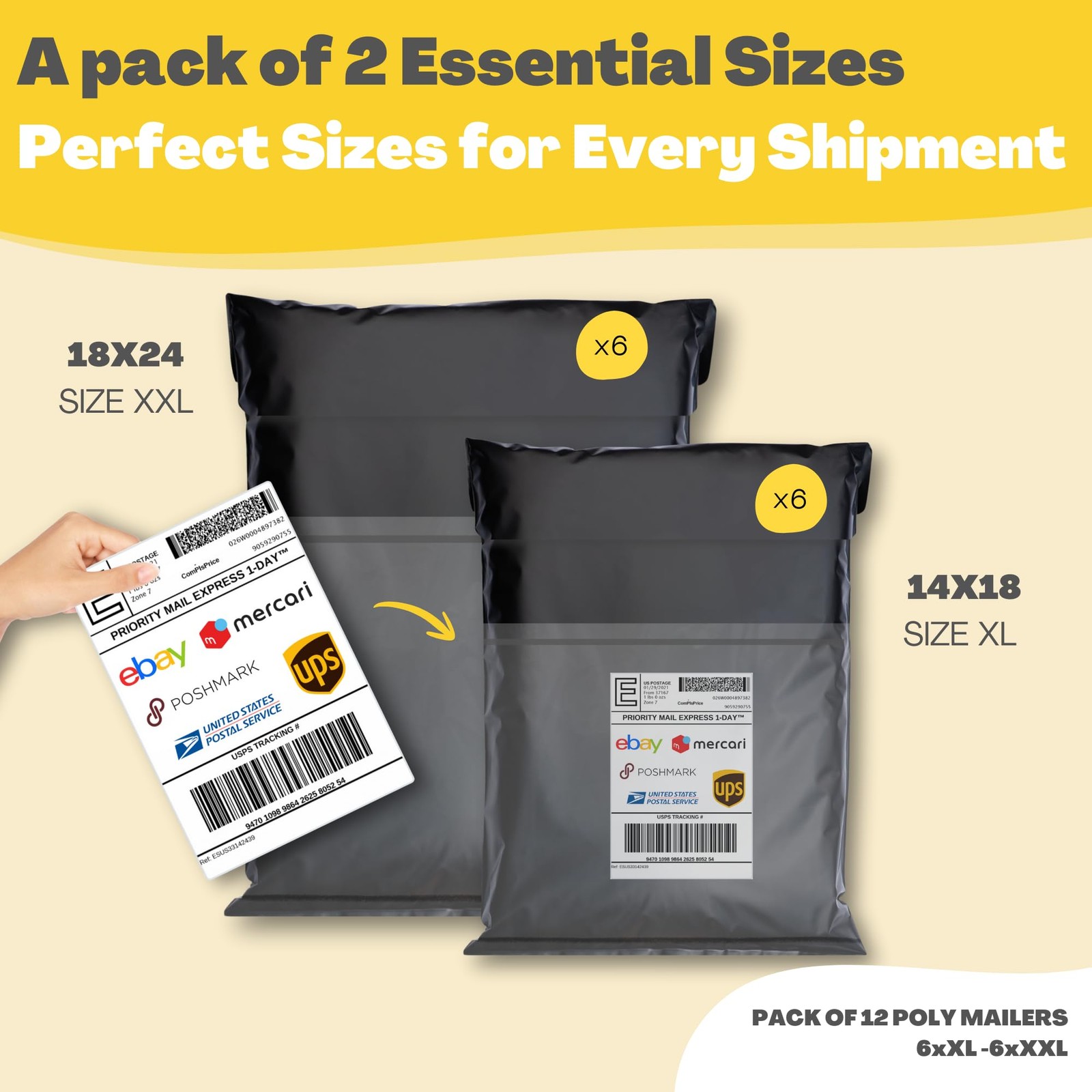 EMBALLAX Shipping Bags (12 Pack) with 2 Sizes Incl. 14×18 & 18×24, Black